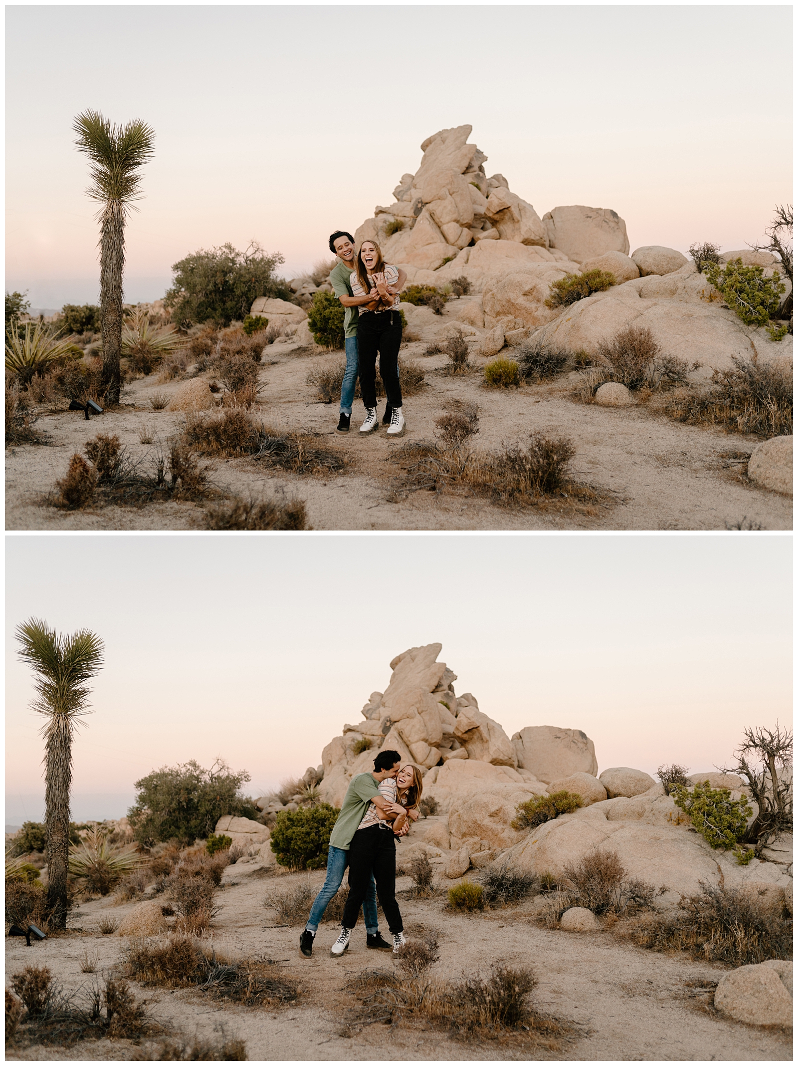 Cute playful couple at their Joshua Tree engagement session during sunset by destination elopement photographer