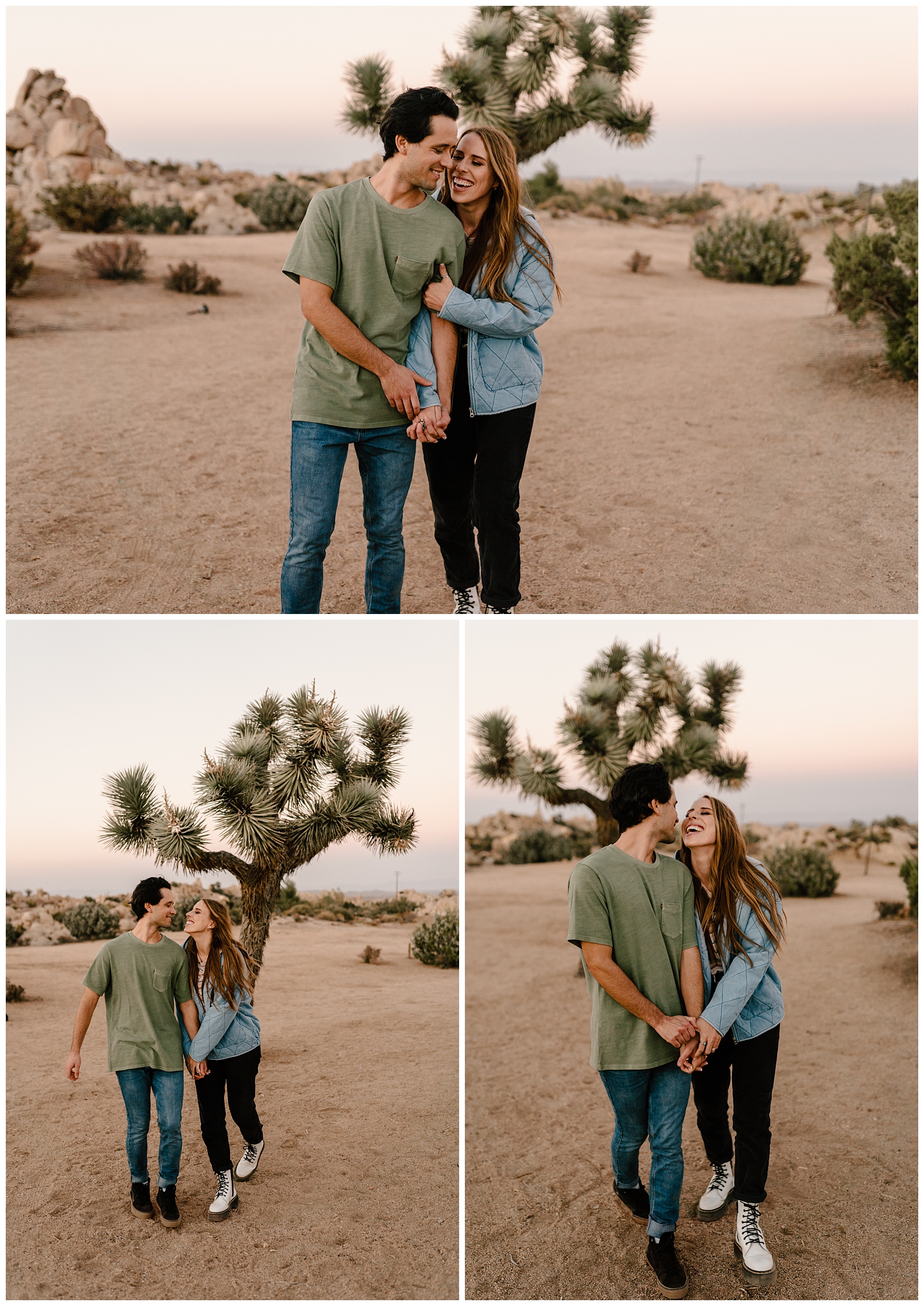 Adorable playful couple at their wild joshua tree engagement session