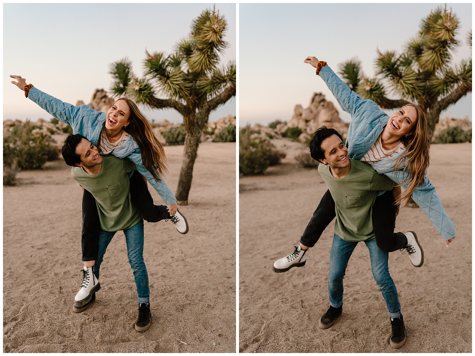 Having fun and goofing off at this wild Joshua Tree, CA couple's session