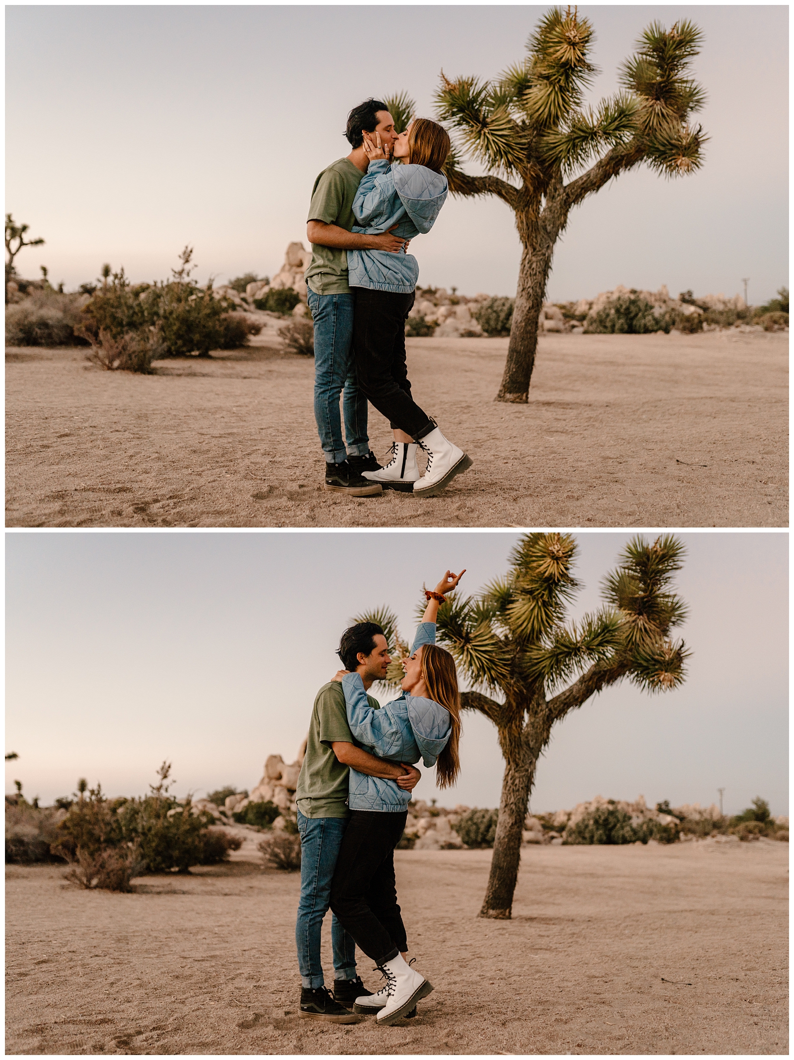 Ending their wild Joshua Tree couple's session with kisses at sunset