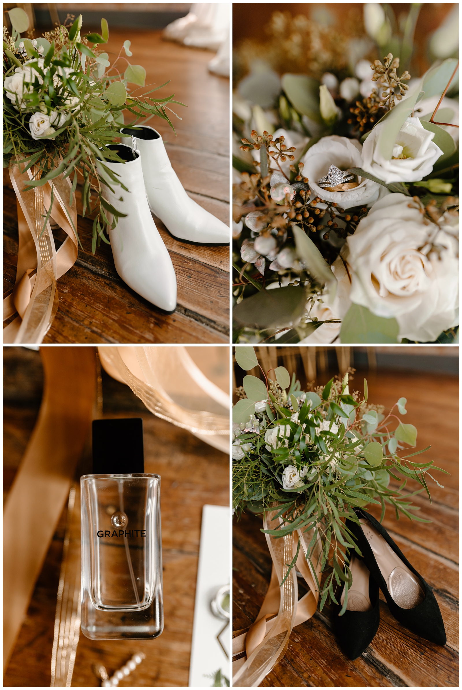 Both bride's shoes with bouquets, cologne, and rings