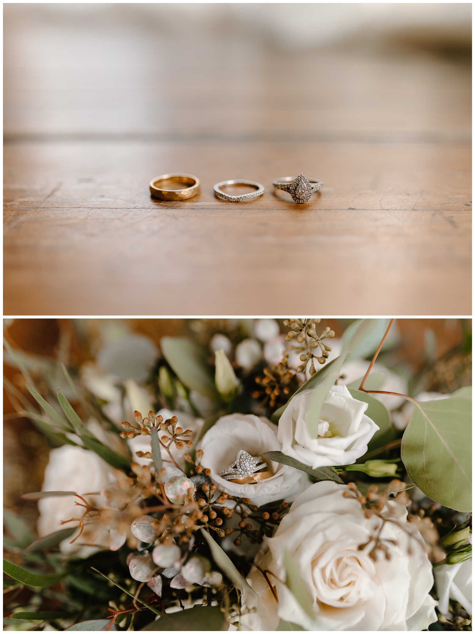 Ring detail shots of emerald and gold wedding in Greensboro NC