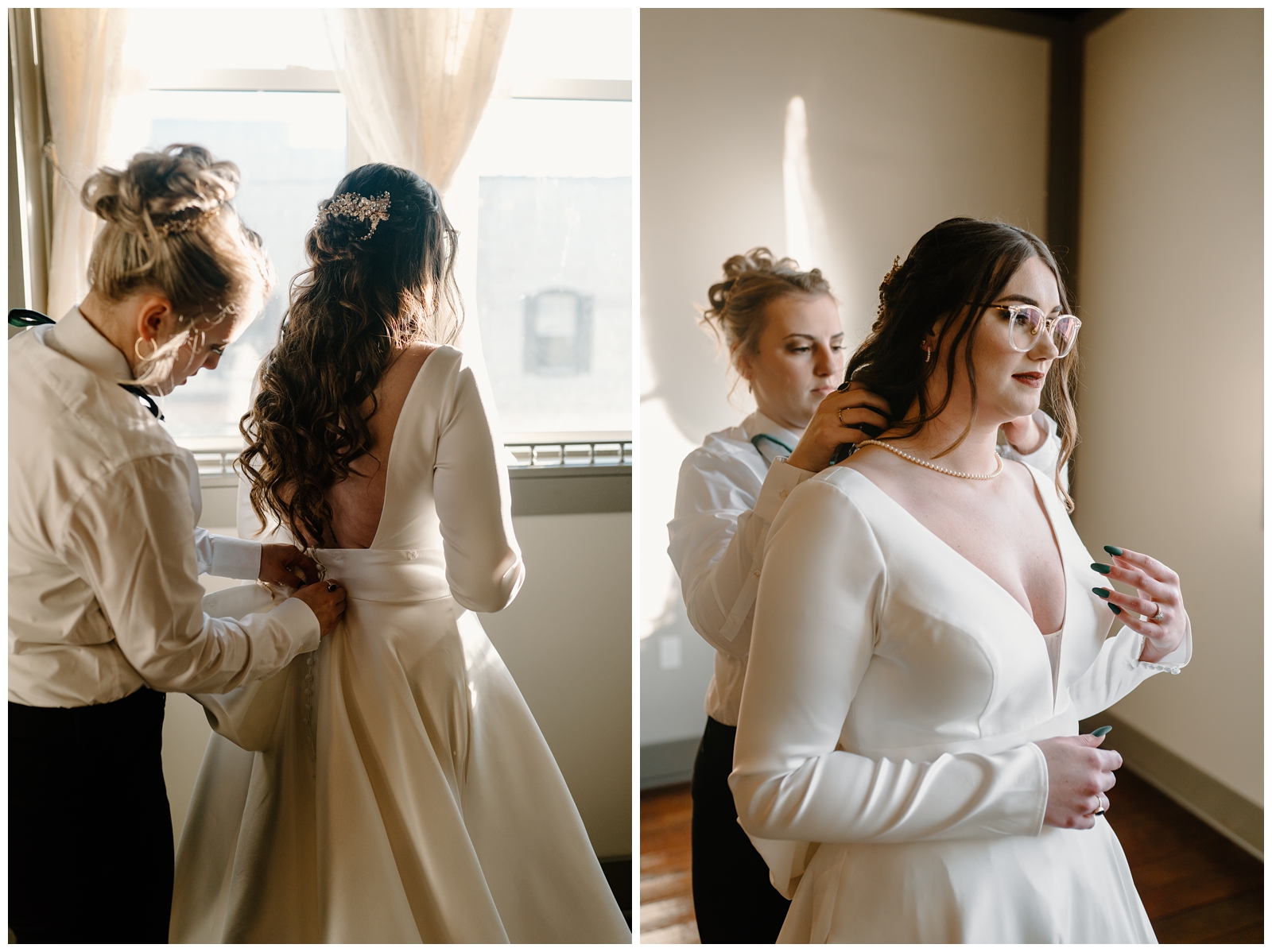 The brides helping each other get ready for their elopement at Bakery 1818 by Greensboro NC wedding photographer