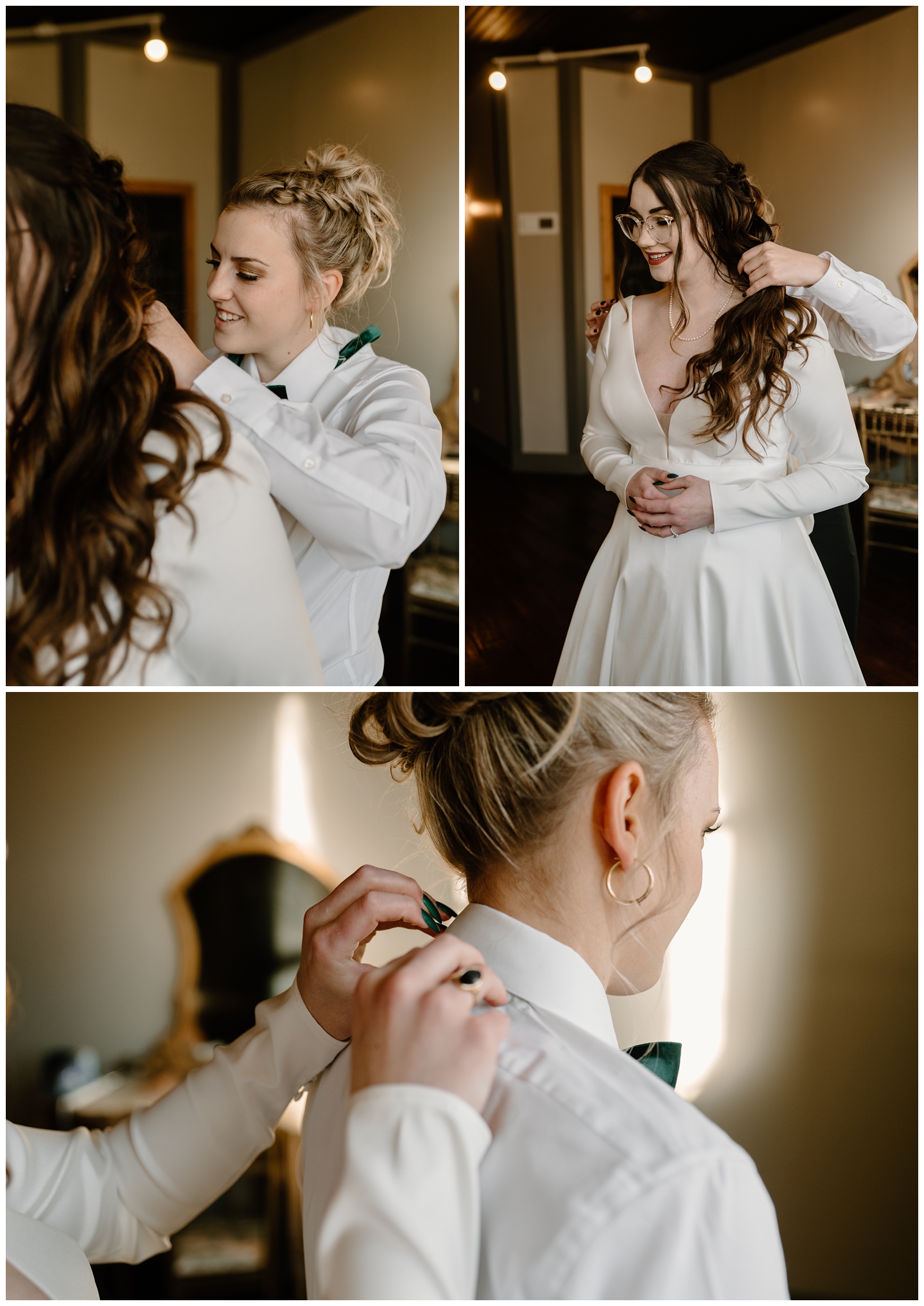 The brides helping each other get ready for their same-sex elopement at Bakery 1818 by Greensboro NC wedding photographer