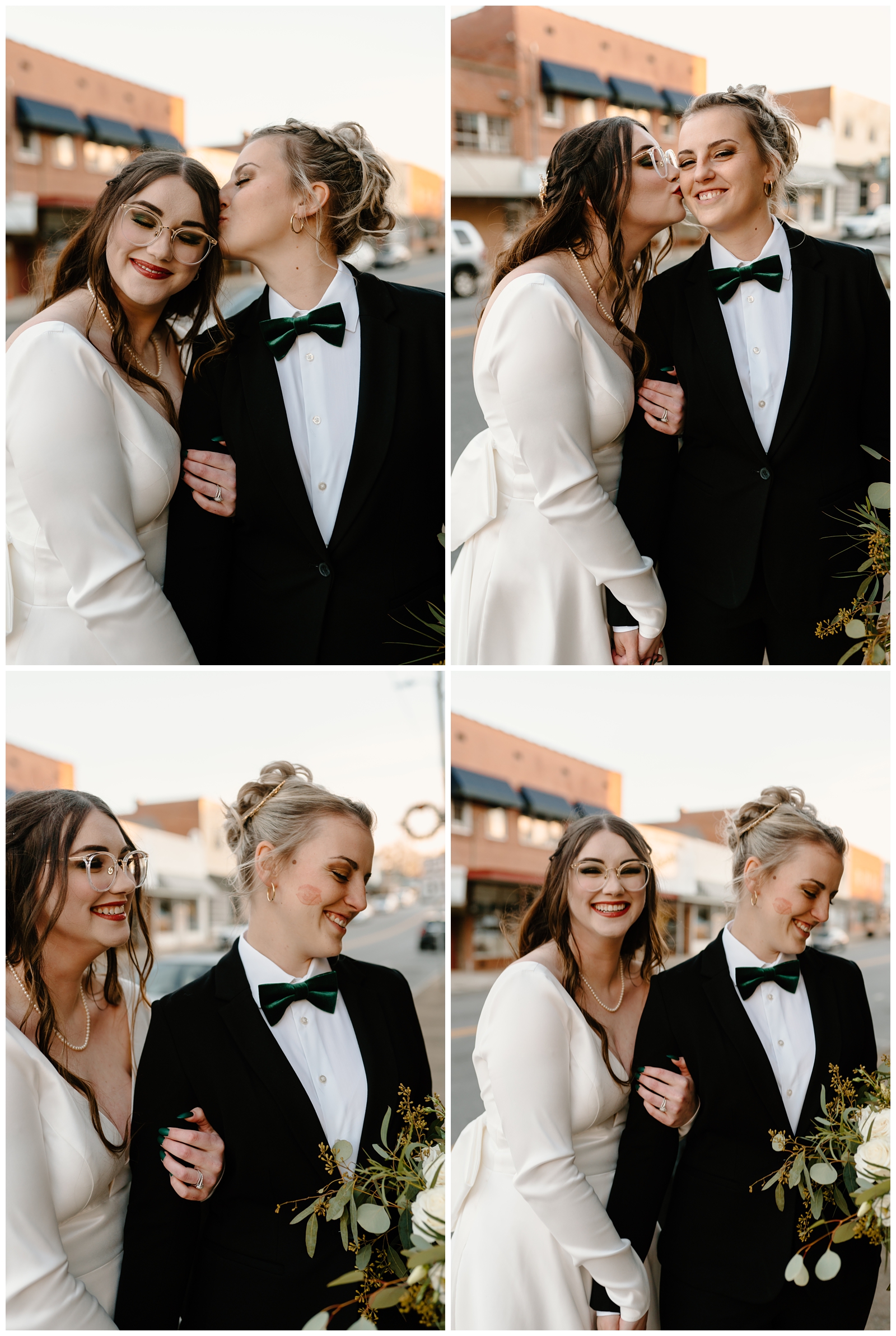 Wife gives wife kisses and lipstick stains during their newlywed portraits at intimate and cozy same-sex elopement by NC wedding photographer