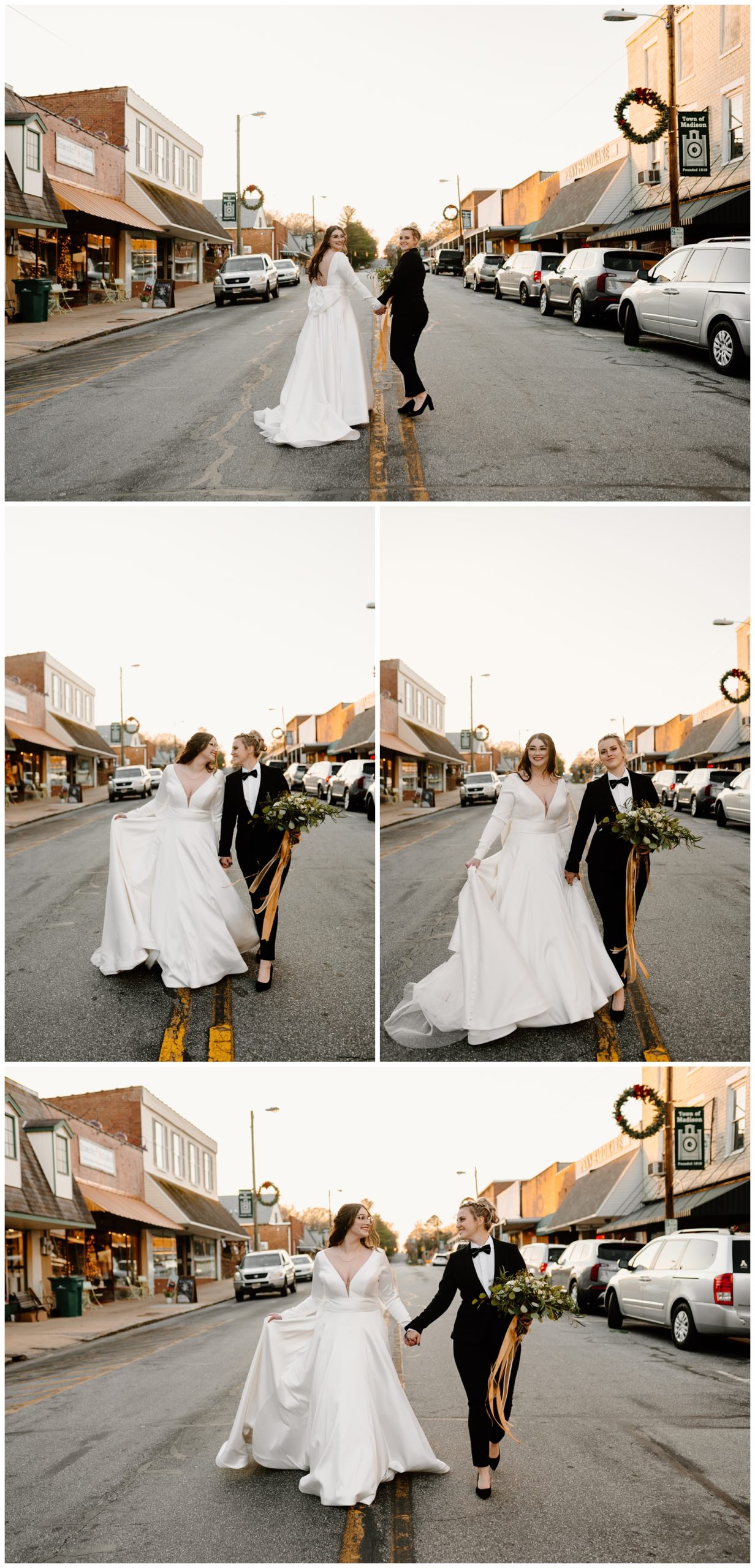 Newlyweds walking down street, hand in hand by Winston-Salem NC wedding and elopement photographer