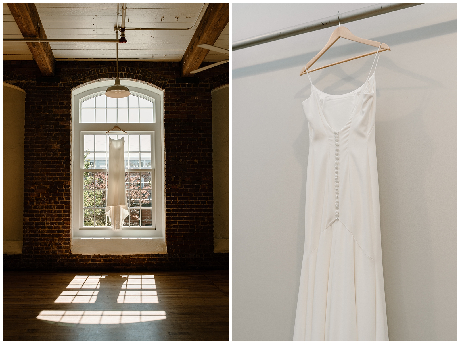 Sleek wedding gown hanging at North Carolina historic venue