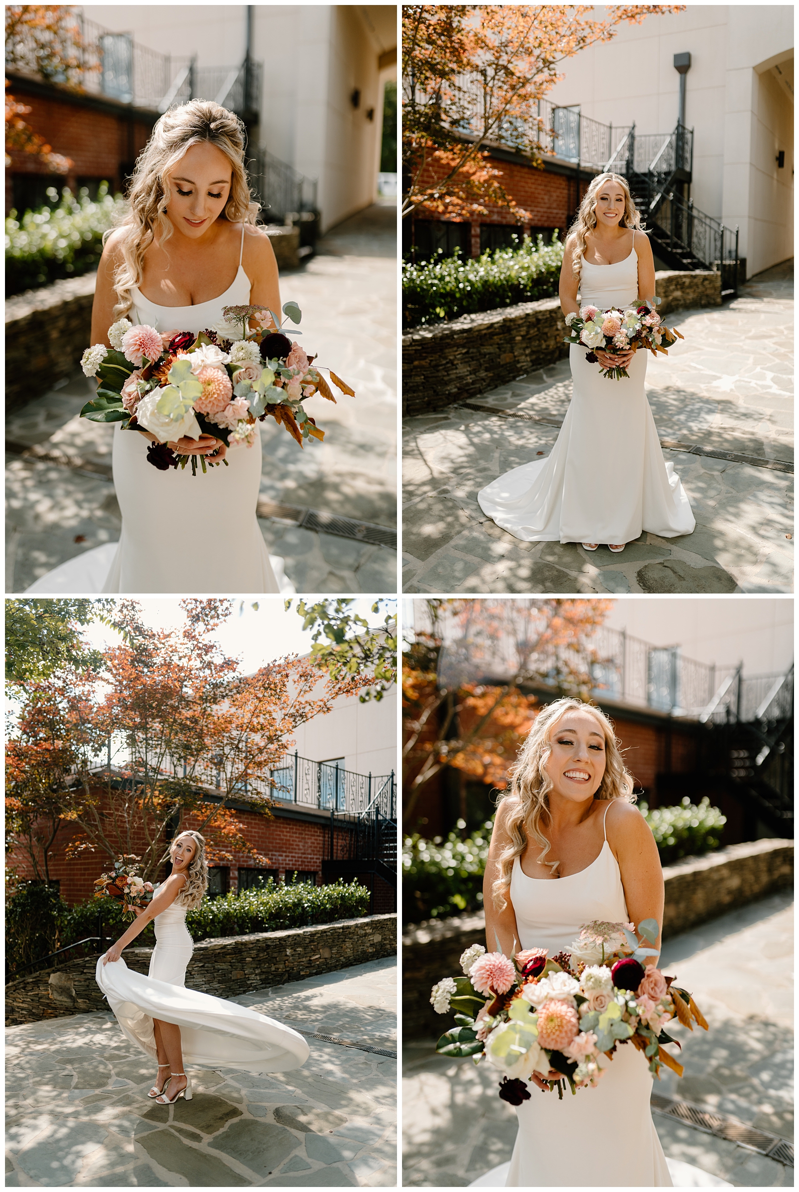 Fun, happy portraits of bride on her wedding day at Revolution Mill in Greensboro, NC
