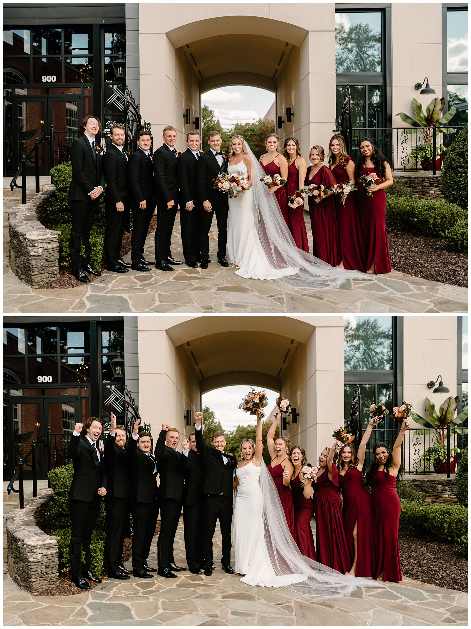 Full wedding party portraits at Revolution Mill in Greensboro, NC