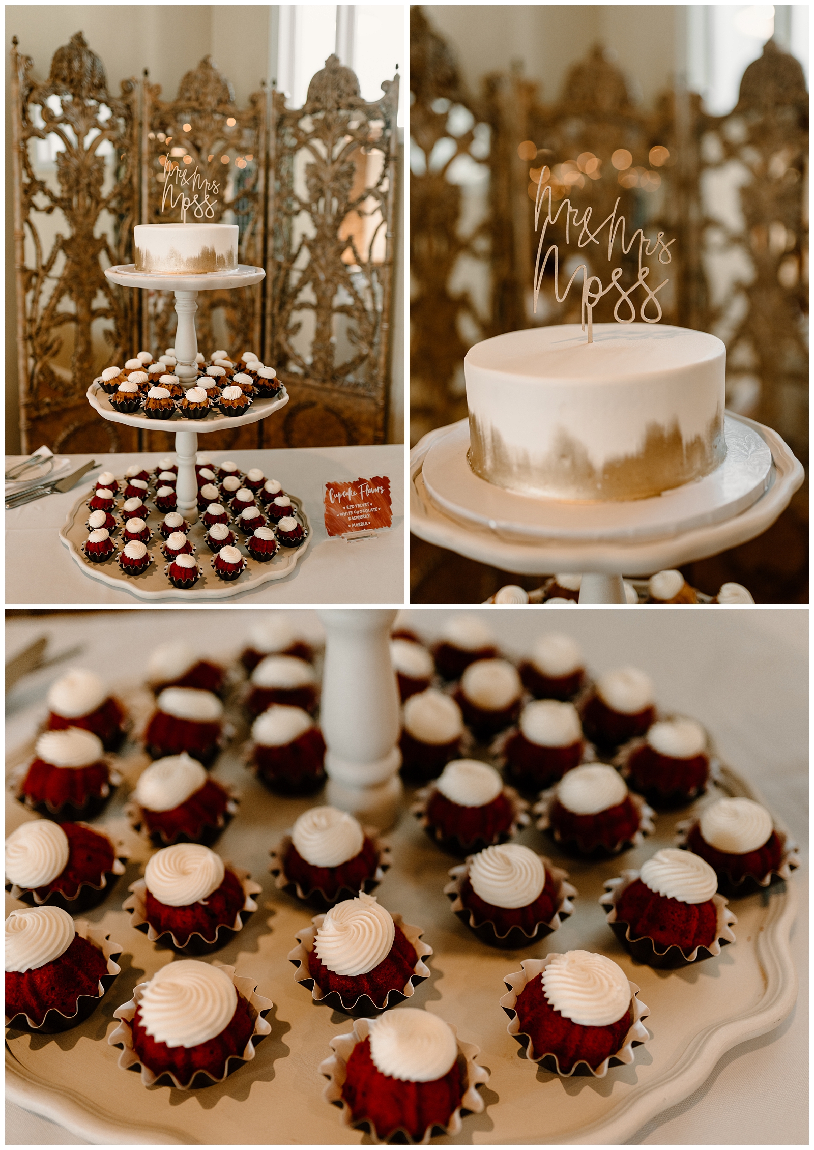 Maxie B wedding cake and cupcakes at fall Revolution Mill wedding in Greensboro, NC