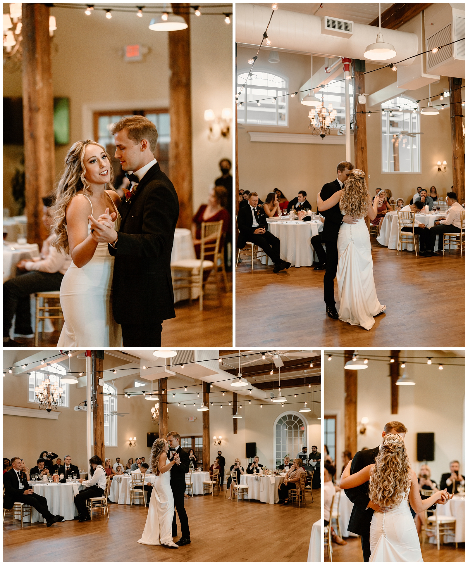 Bride and groom's first dance at Revolution Mill wedding reception in historical Greensboro, NC venue