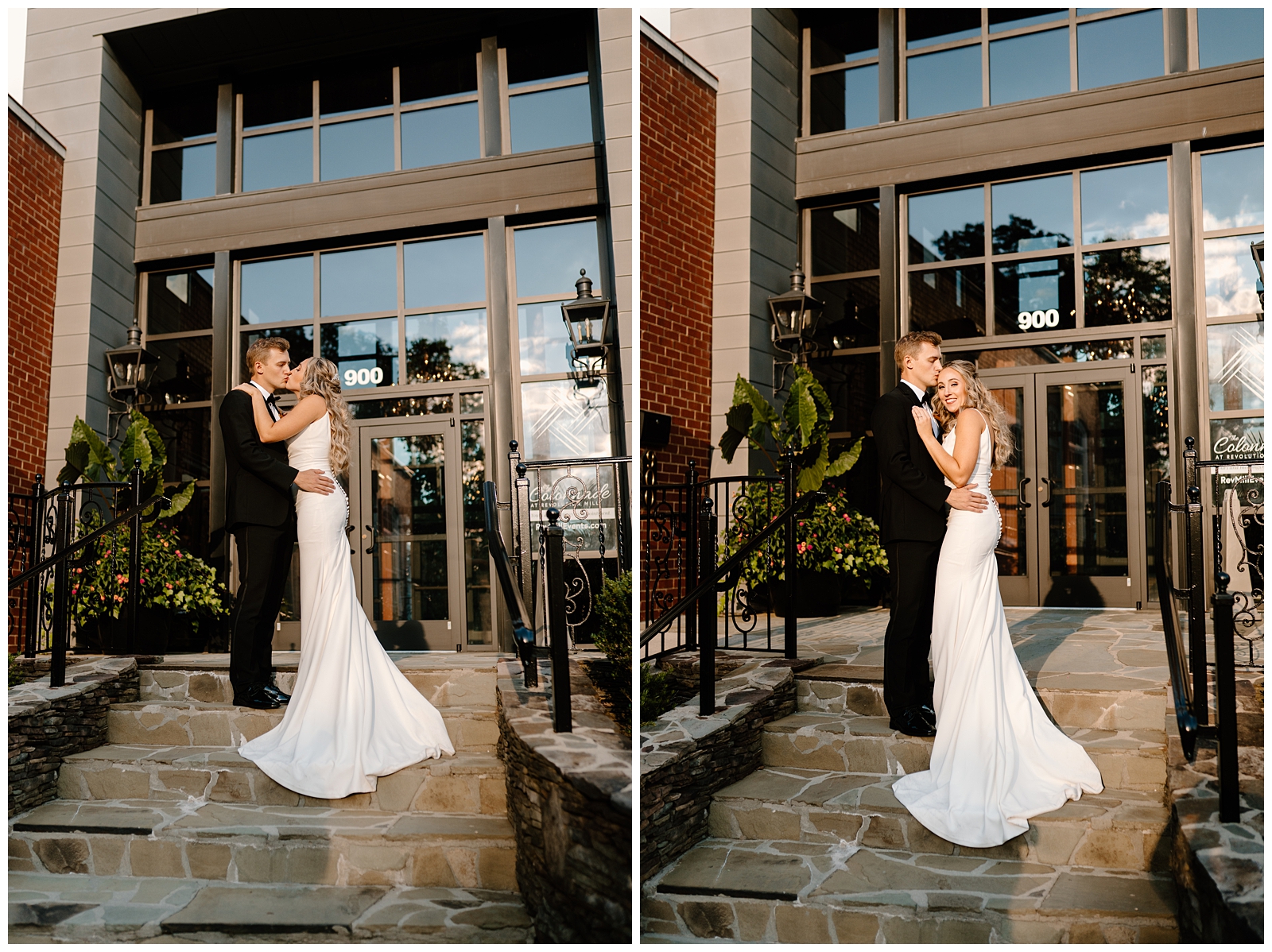 Golden hour newlywed portraits in front of Revolution Mill venue in Greensboro NC