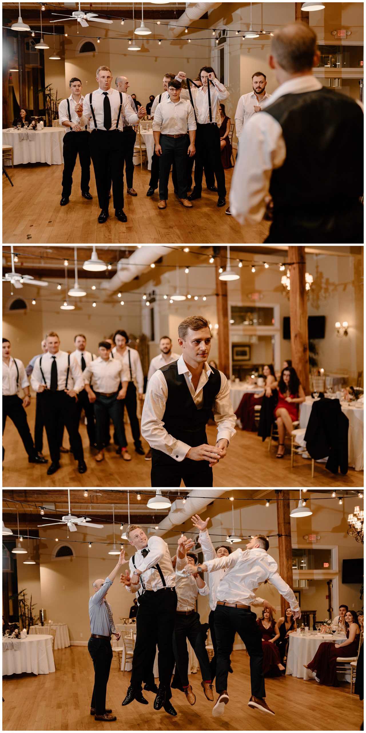 Bridal bouquet toss at fall wedding reception in Greensboro NC