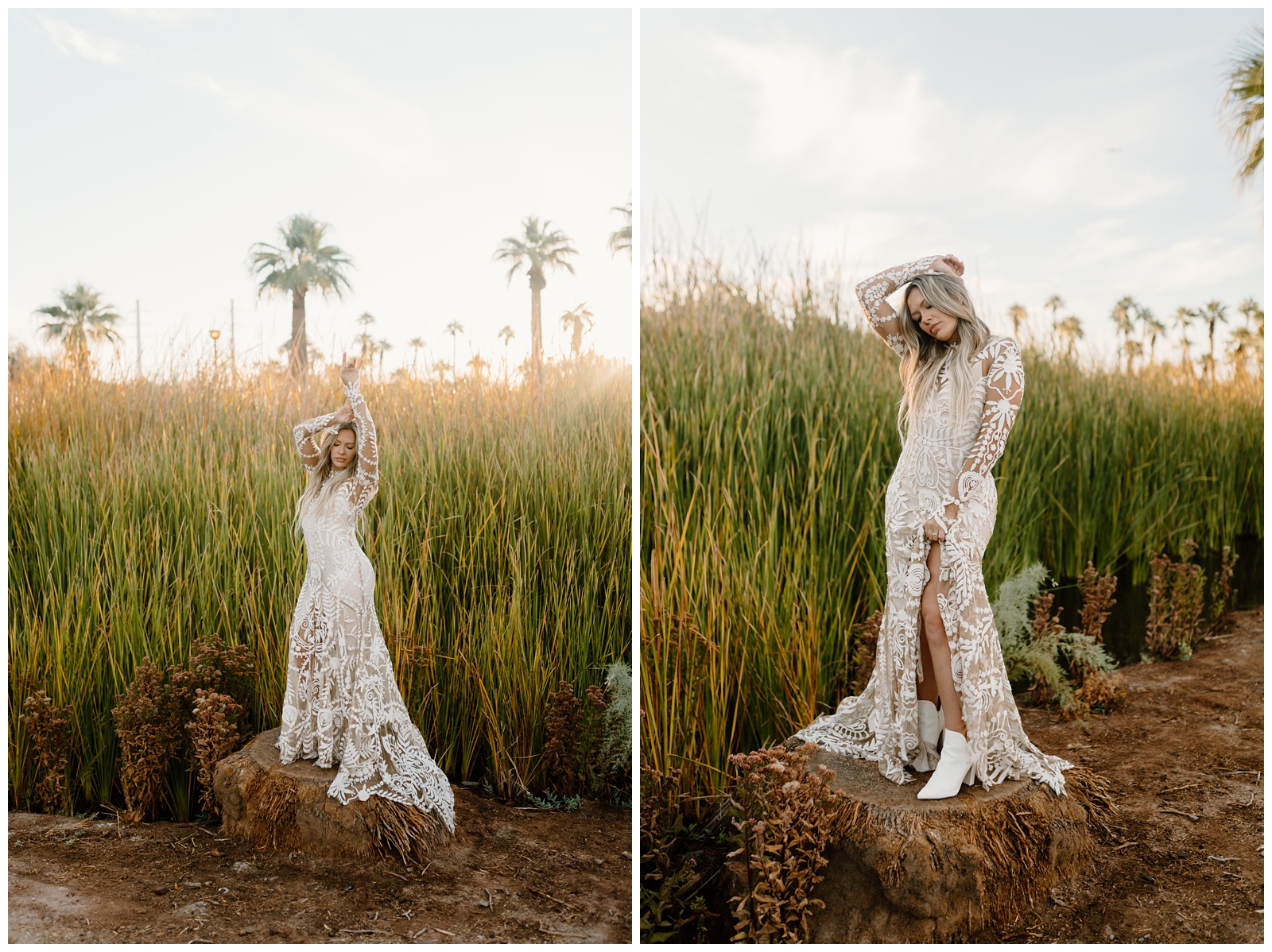 Boho bridal session with palm trees and tall grass in Scottsdale, AZ