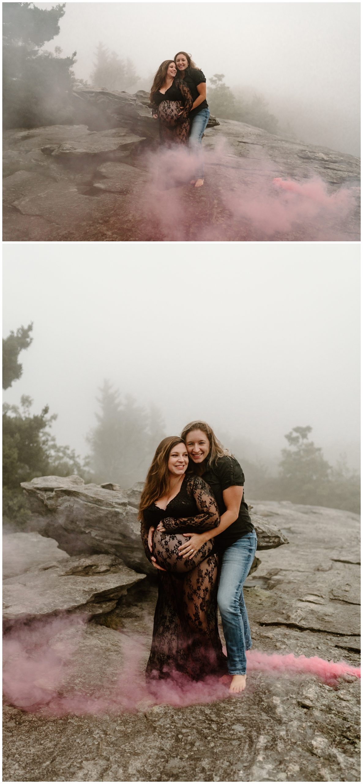Foggy mountain top maternity session with same-sex couple by North Carolina photographer