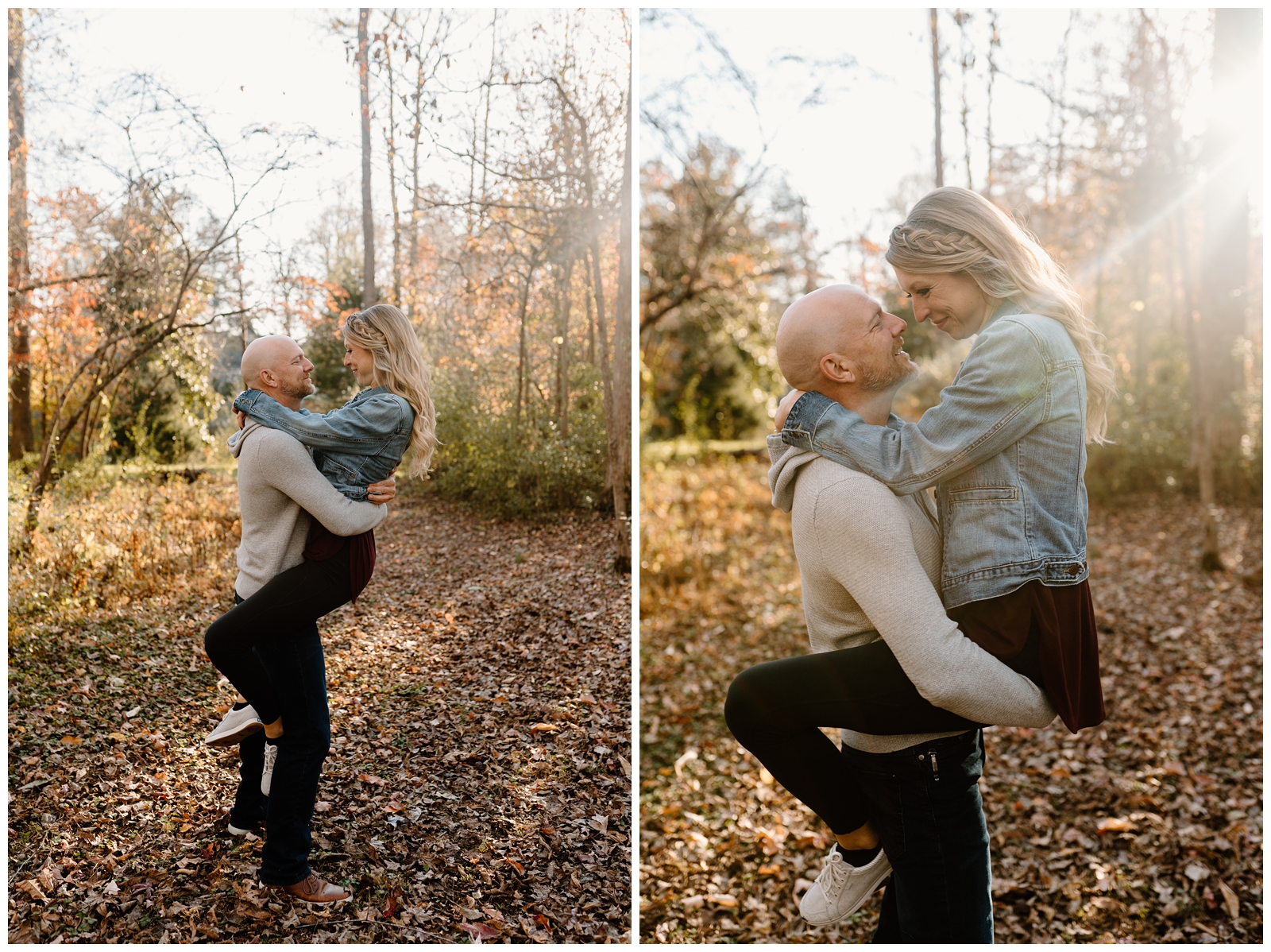Fun cozy shots at carefree engagement session in Greensboro, NC by North Carolina wedding photographer