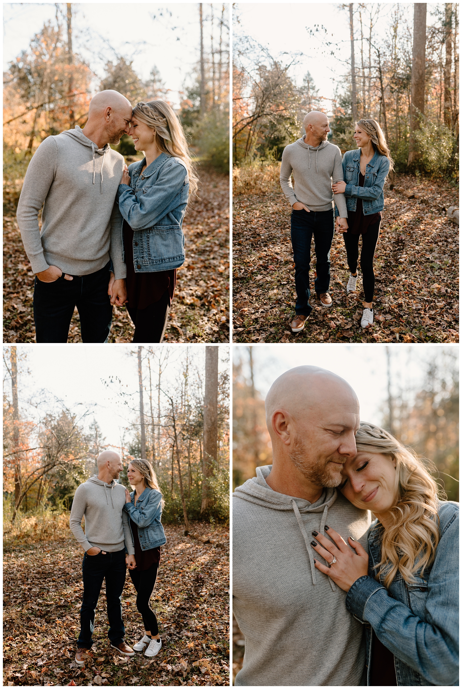 Fall woodsy engagement session with carefree couple based in Greensboro by adventurous NC wedding photographer