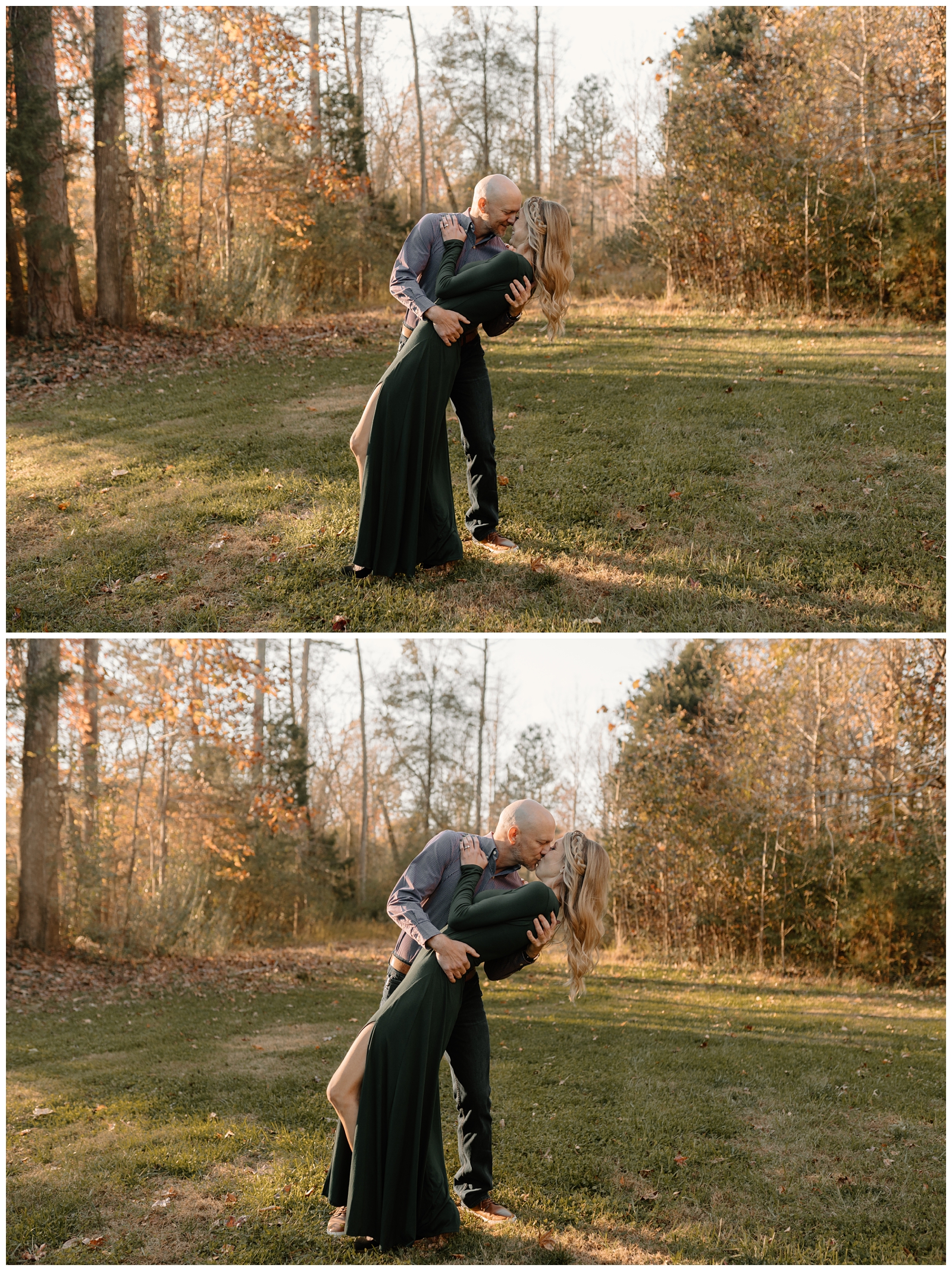 Romantic dip kiss at carefree engagement session in Greensboro by Winston-Salem NC wedding photographer