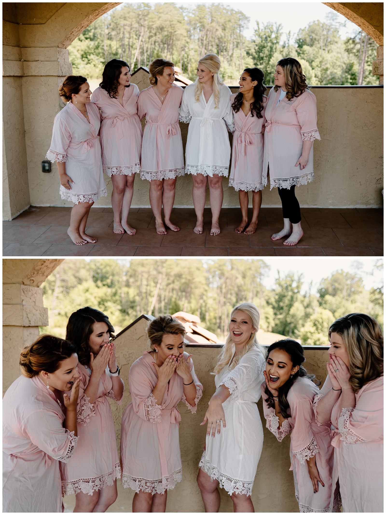 Southern bride with her bridesmaids at lakeside wedding in Stokesdale, NC by North Carolina photographer