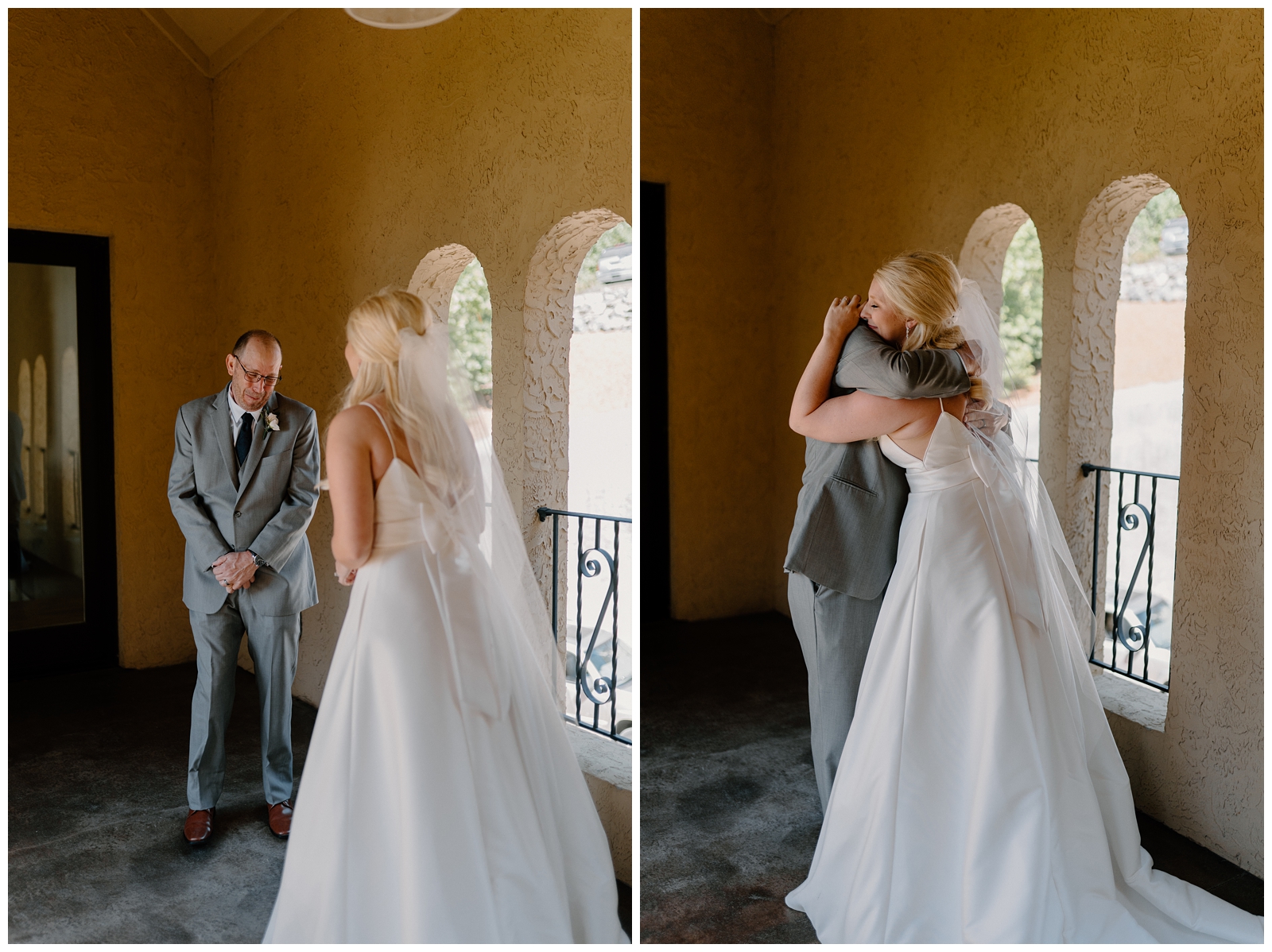 Bride's first look with father at lakeside venue in North Carolina by NC wedding photographer