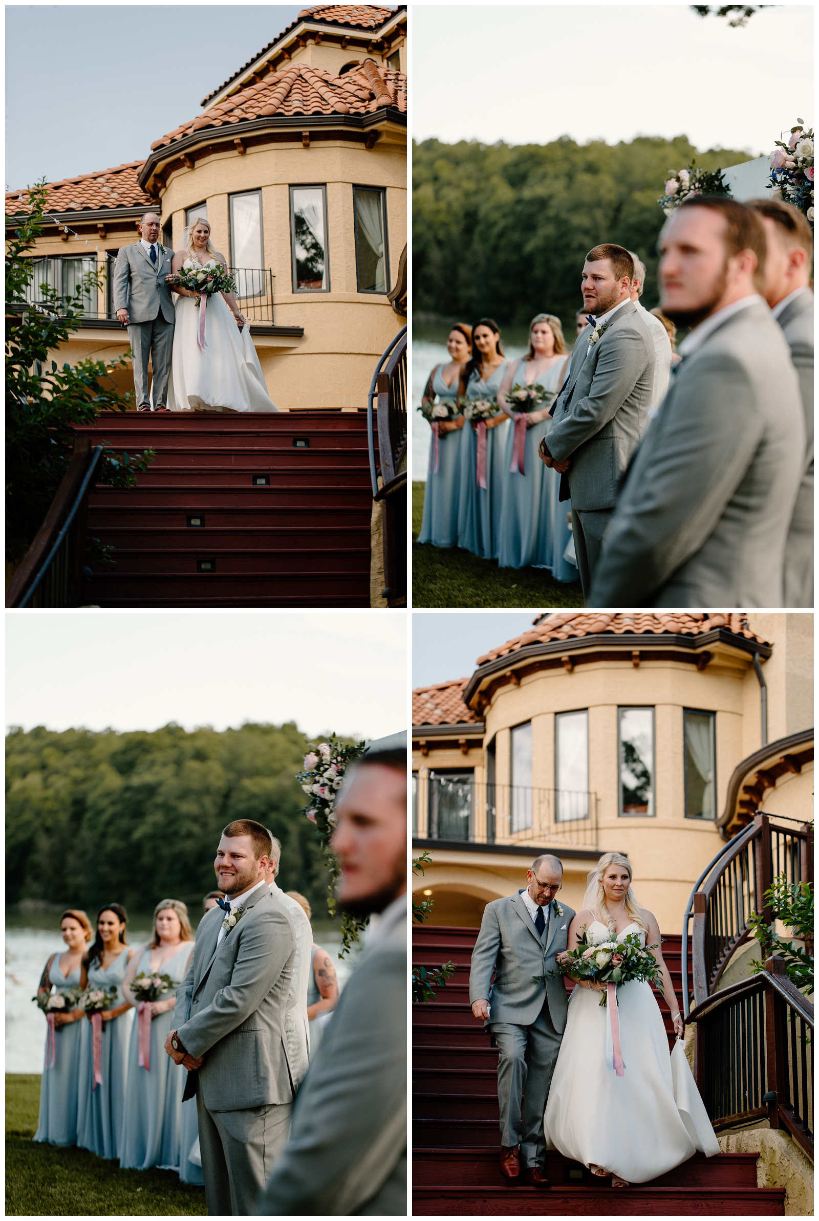 Bride walking down aisle and the groom's face at their southern lakeside wedding in North Carolina - by NC photographer