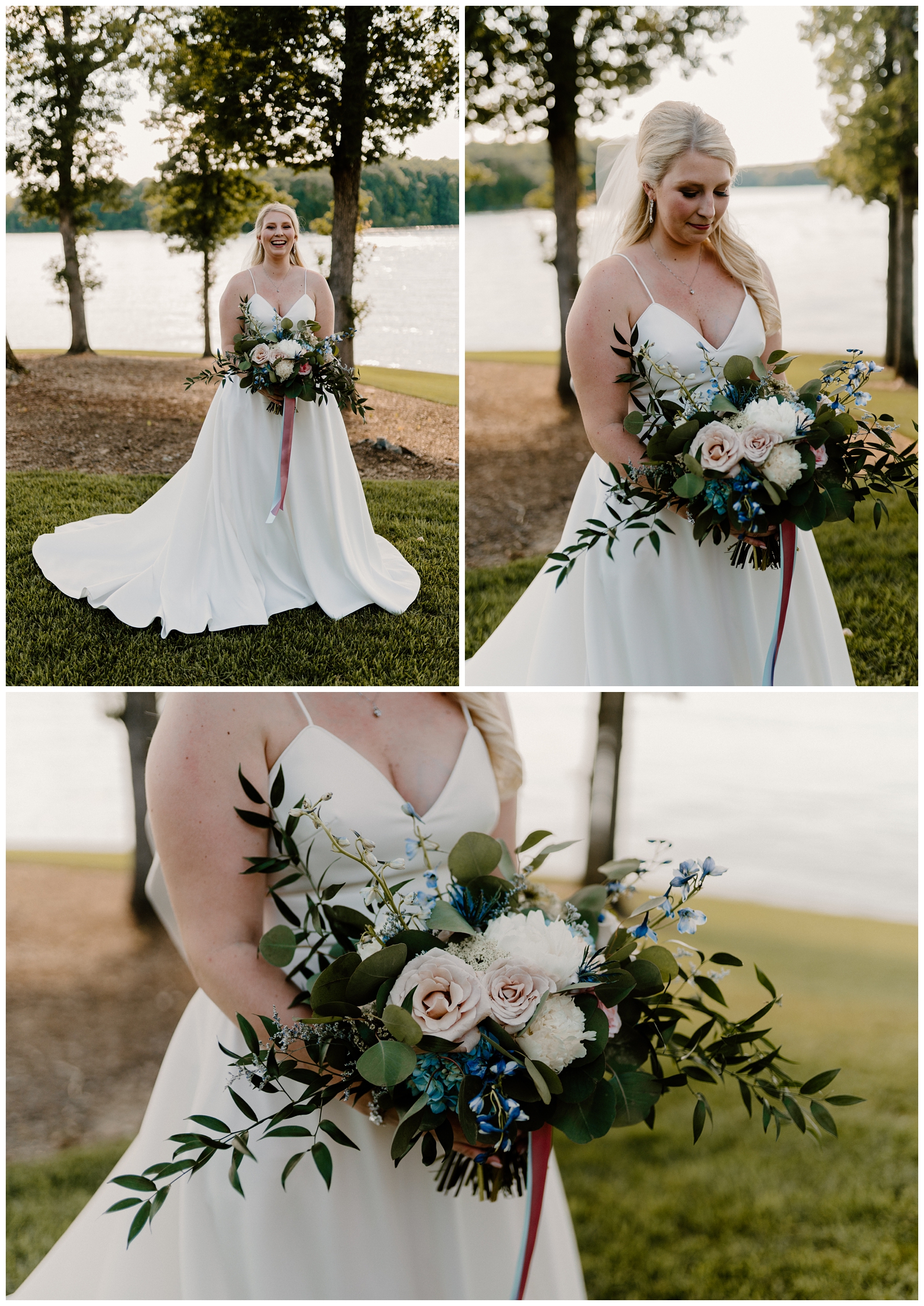 Southern bride's wedding day portraits at Belew's Lake lakefront venue in North Carolina - by NC photographer