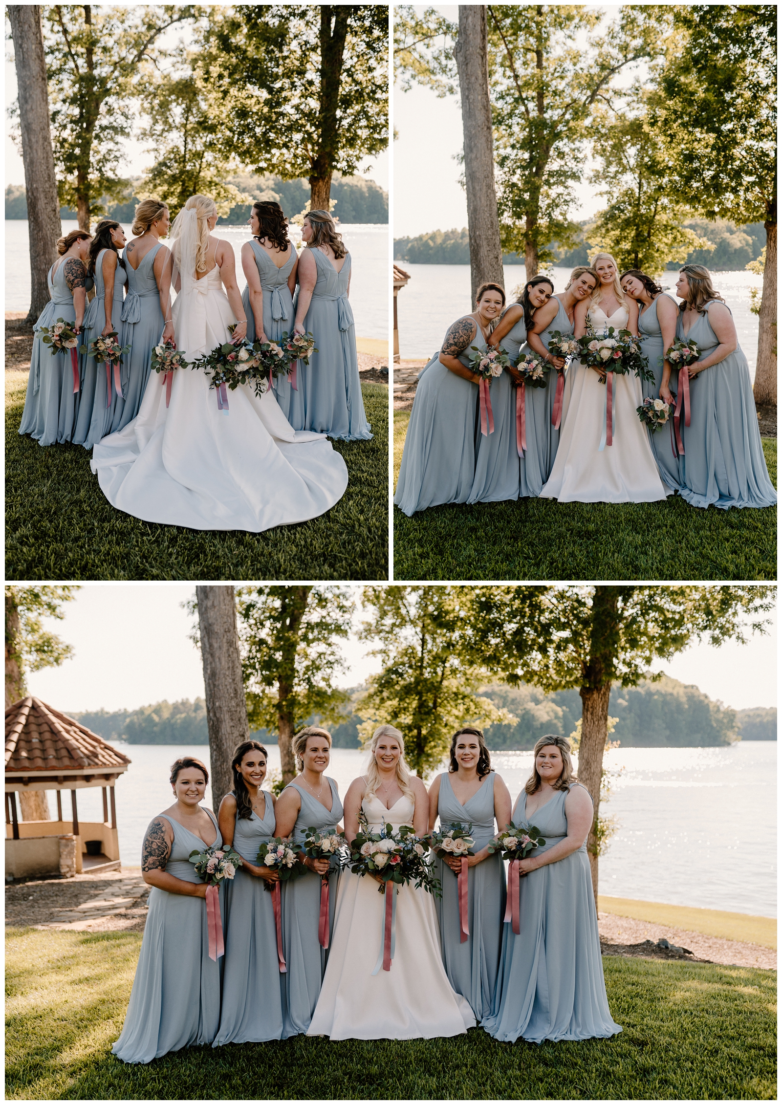 Bride and her bridesmaids portraits on her southern lakeside wedding day - by NC photographer
