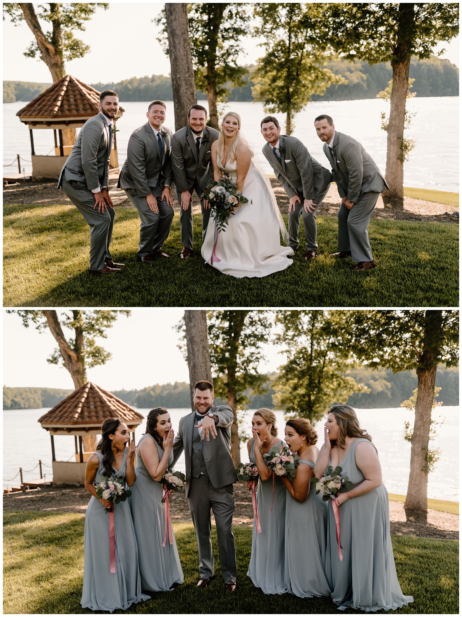 Fun wedding and bridal party portraits at North Carolina lakeside venue - by Greensboro, NC photographer