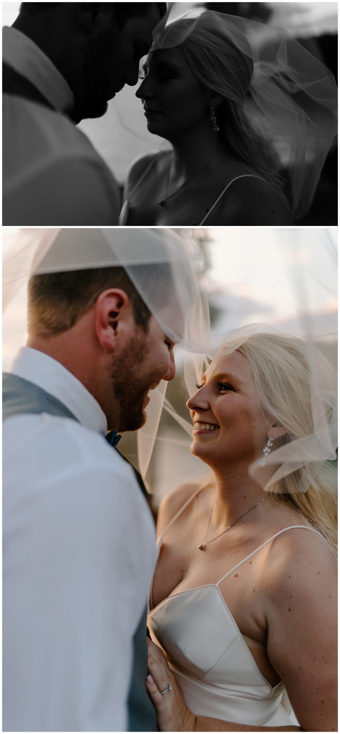 Romantic under veil portraits at sunset - southern lakeside wedding by NC wedding photographer