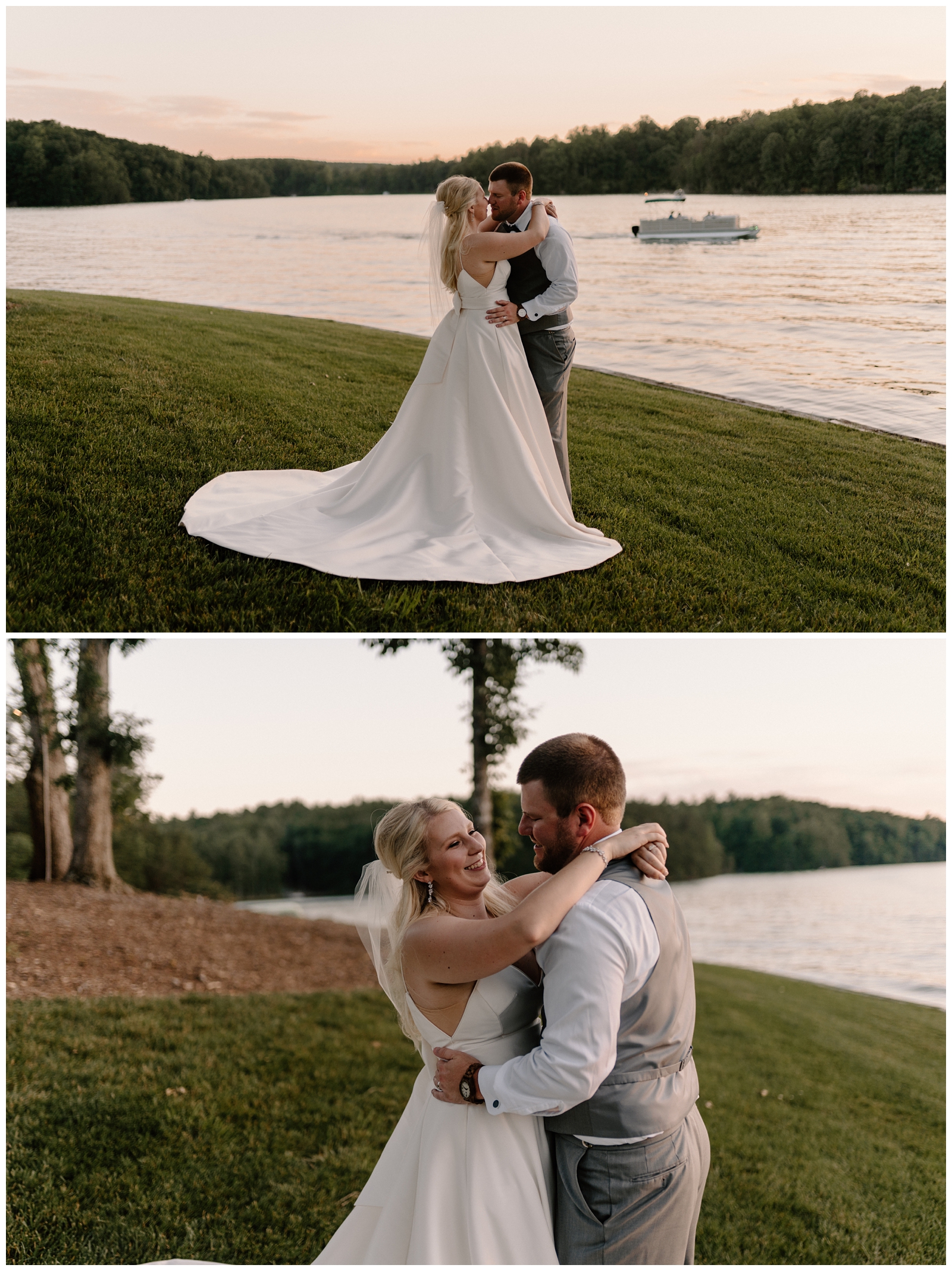 Sunset portraits in front of lake at their southern lakeside wedding in Stokesdale, NC by North Carolina photographer