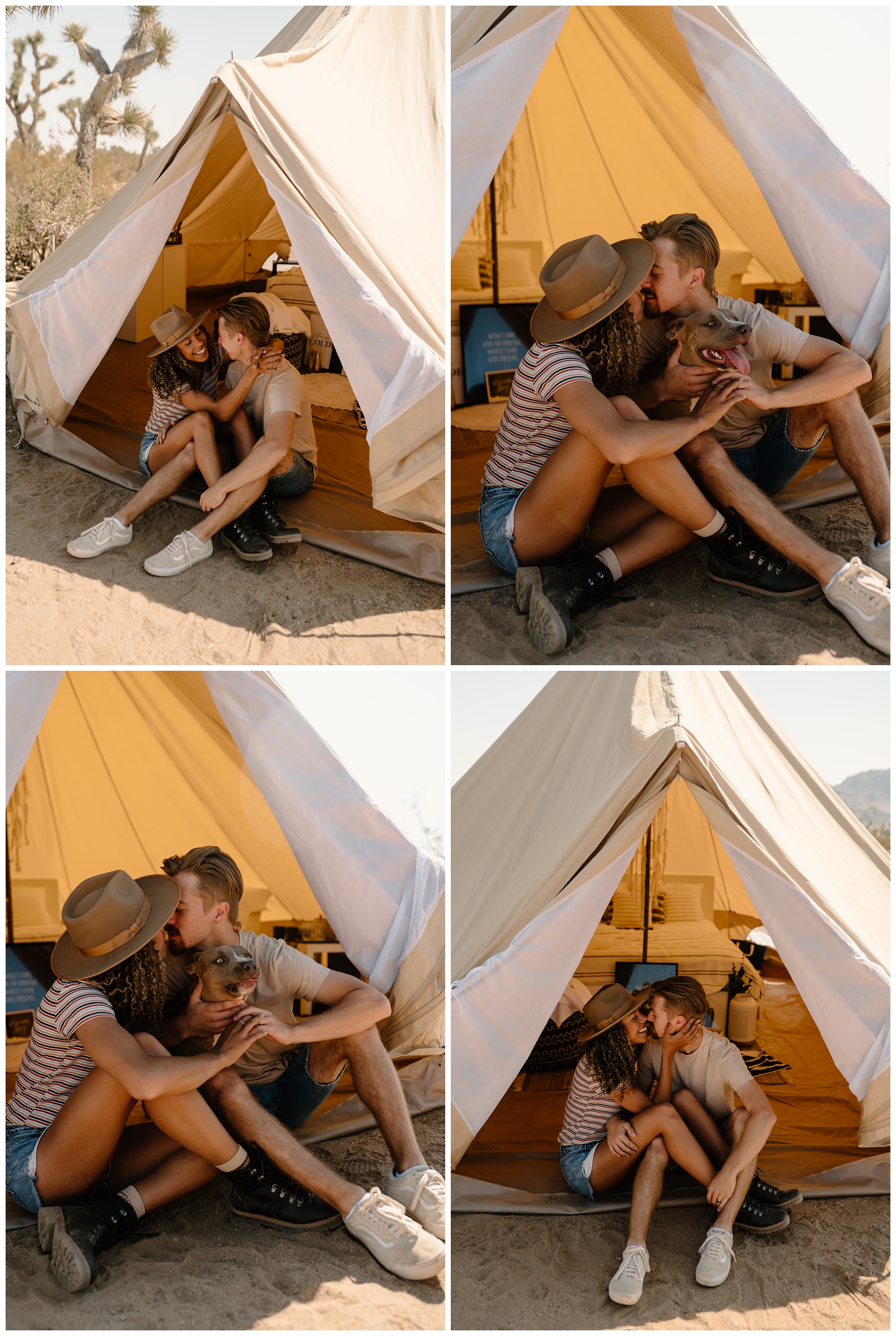 Glamping tent in Joshua Tree adventurous couples engagement session with their pups by destination photographer