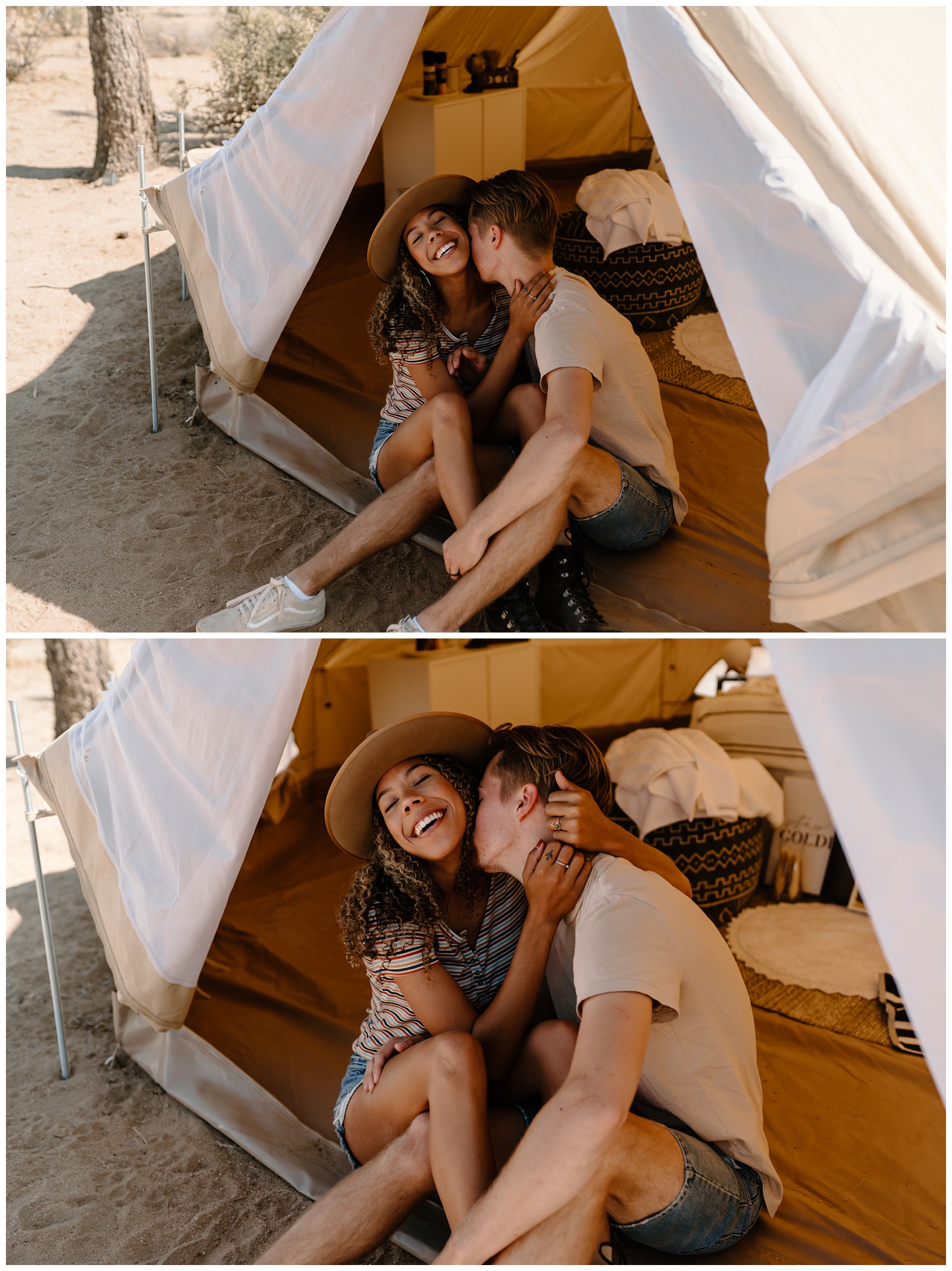 Cute and cosy engagement photos at Joshua Tree glamping site by adventurous destination elopement photographer