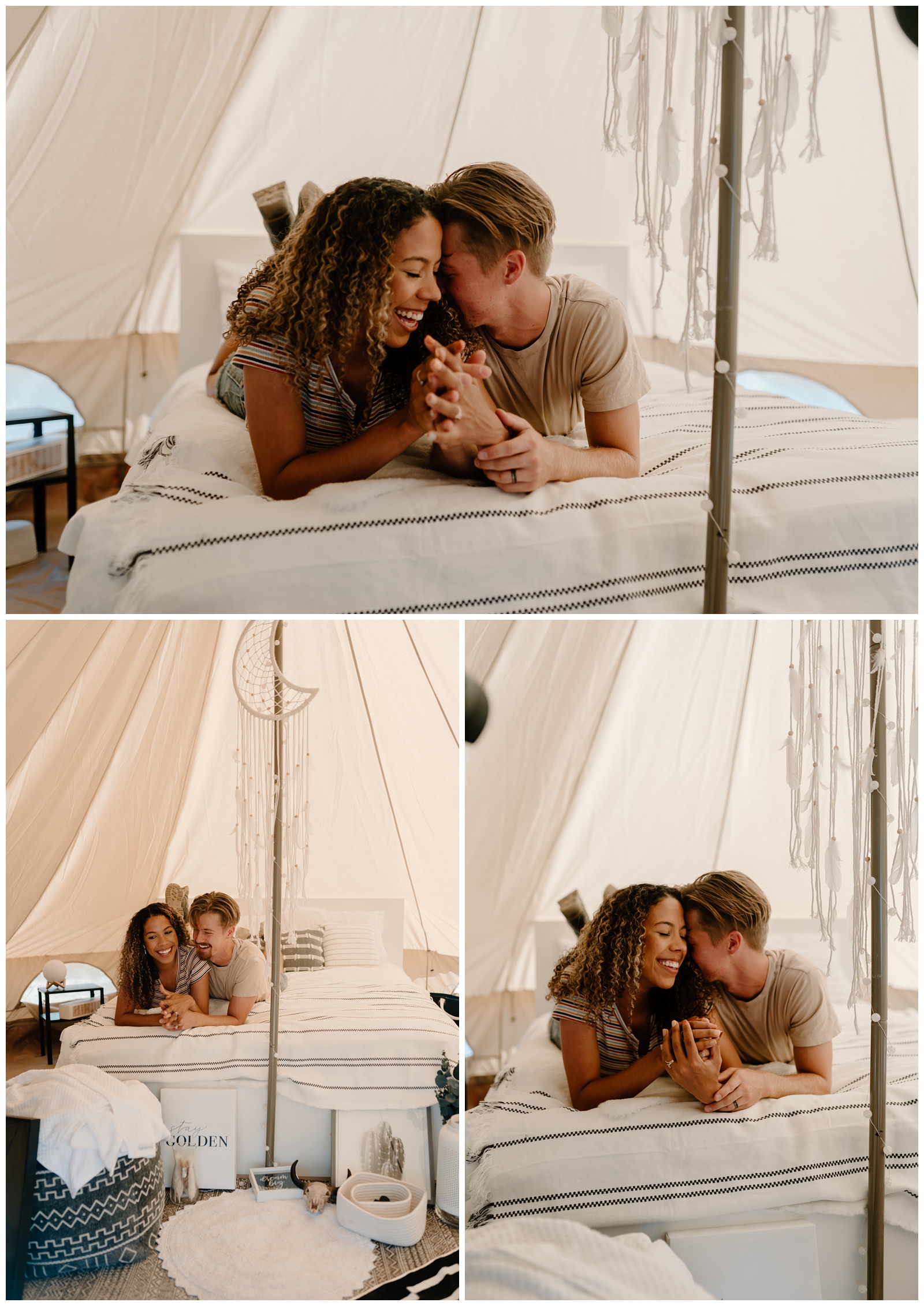 Cosy tent photos, engagement session, glamping in Joshua Tree, CA by travel wedding photographer