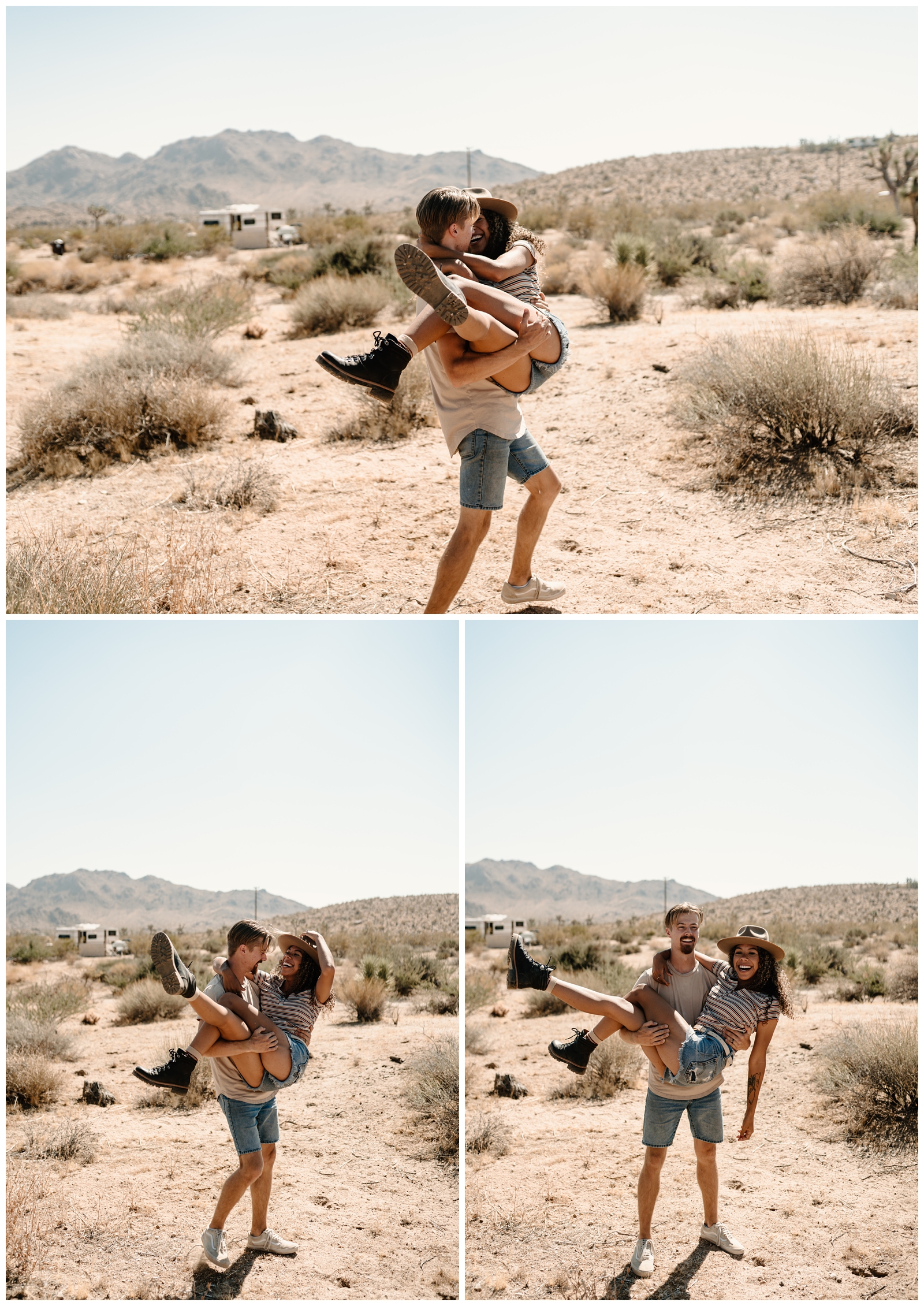 Wild and carefree couple glamping in Joshua Tree, CA by adventurous elopement photographer