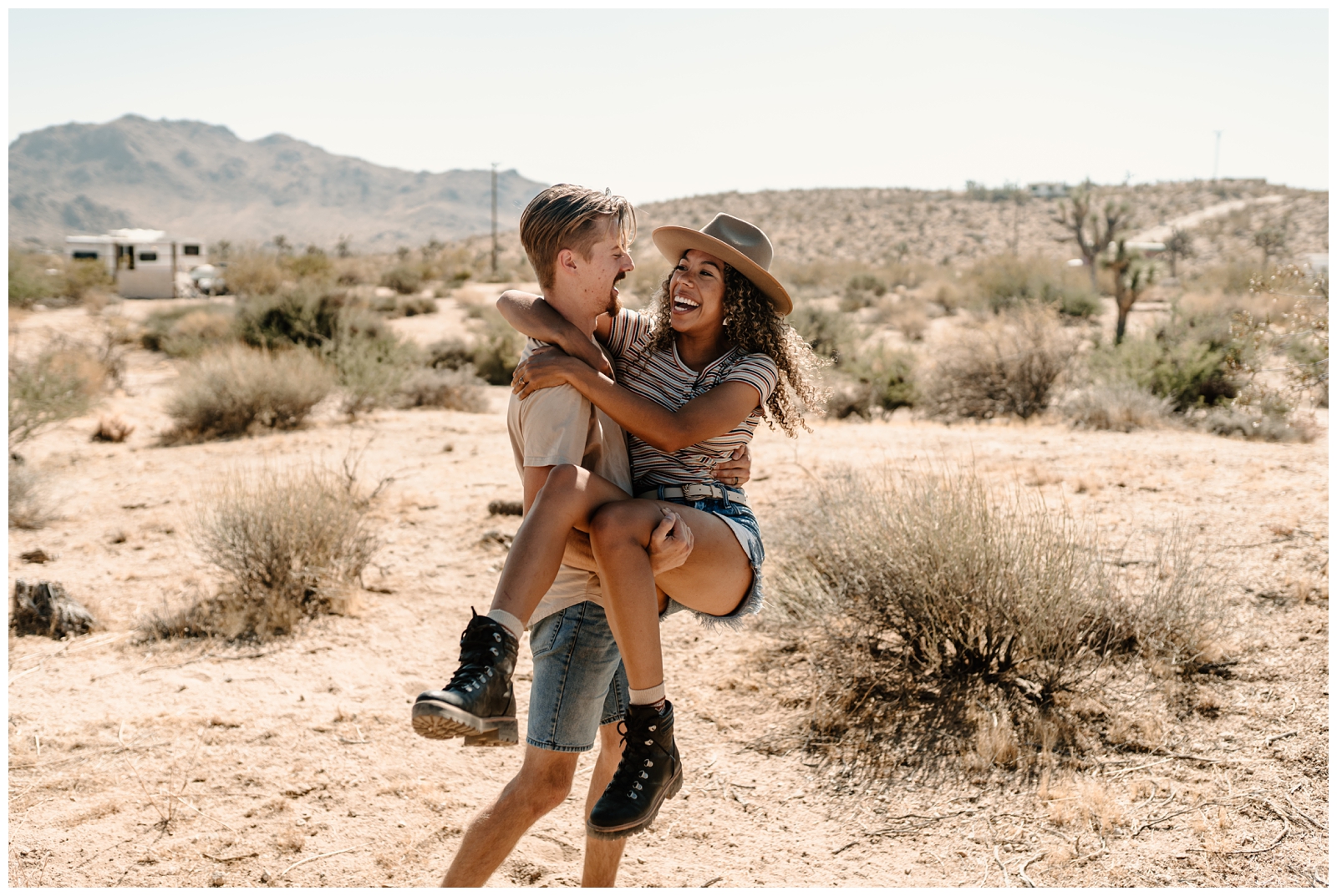 Adorable wild west couple engagement session, glamping in Joshua Tree