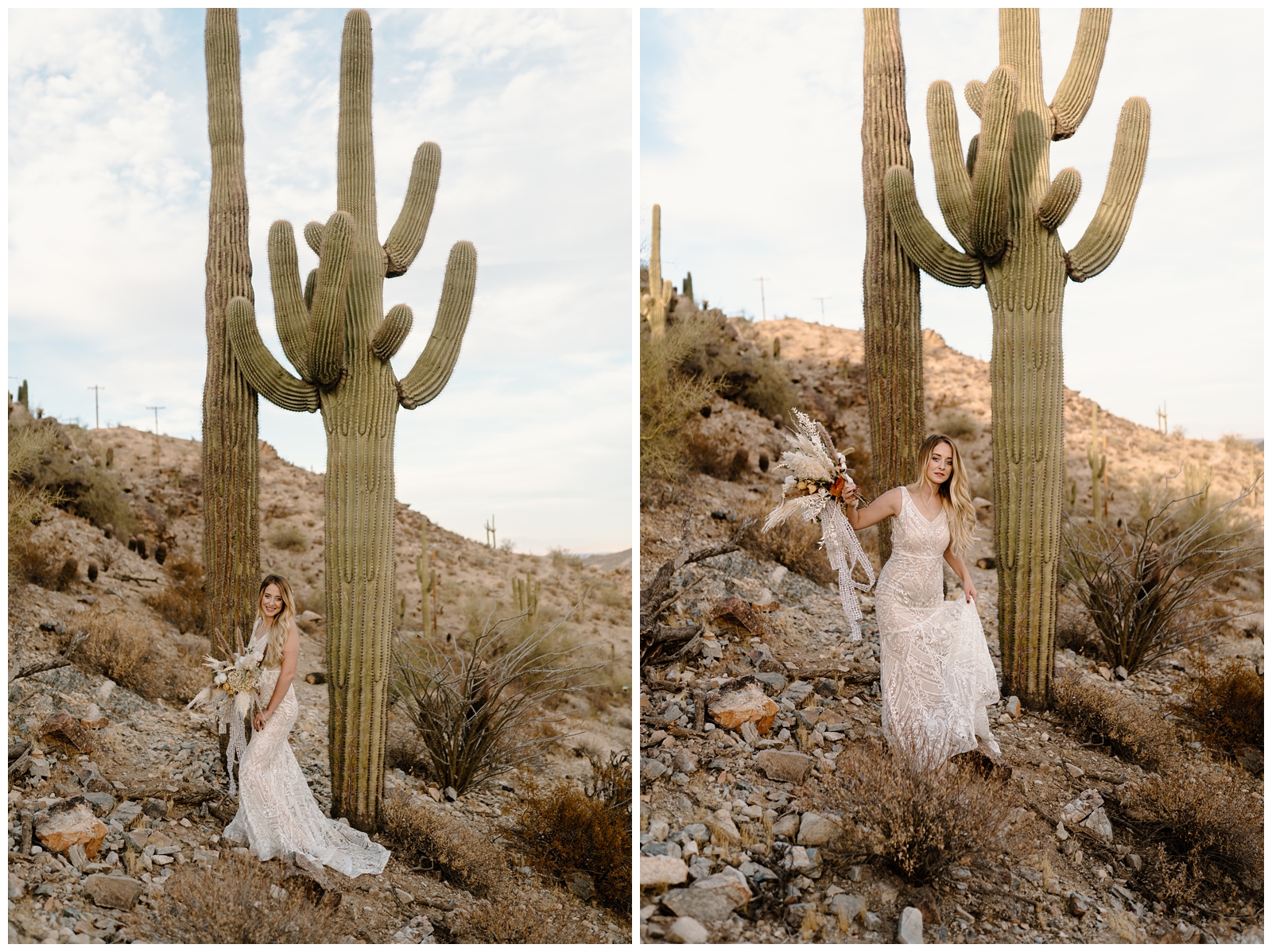 Bridal portraits with cacti in the Arizona desert near Phoenix, AZ by adventurous elopement photographer
