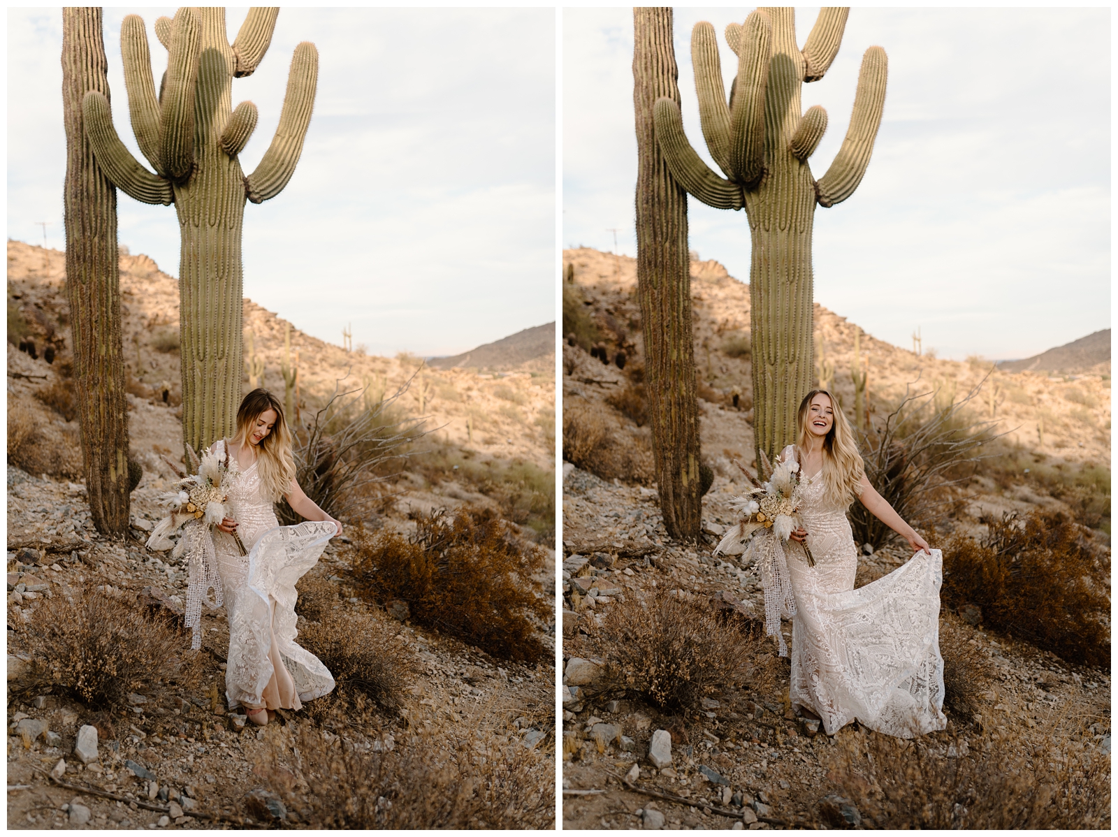 Gorgeous bridal session with tall cacti at Arizona's South Mountain Park by adventurous elopement photographer