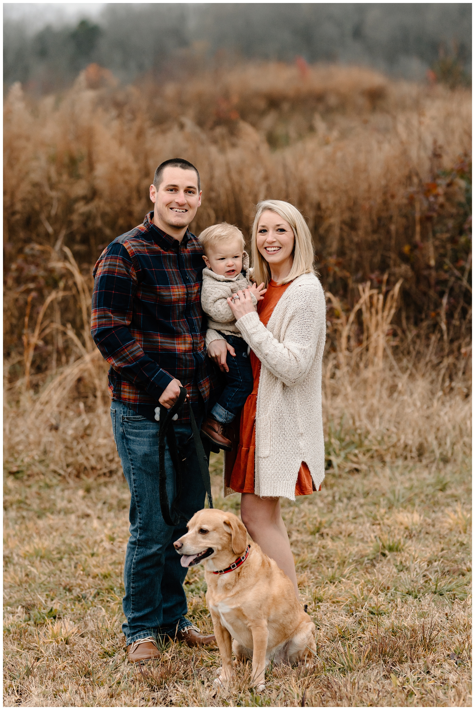 Family Portraits in the fall with pet dog, in Kernersville NC