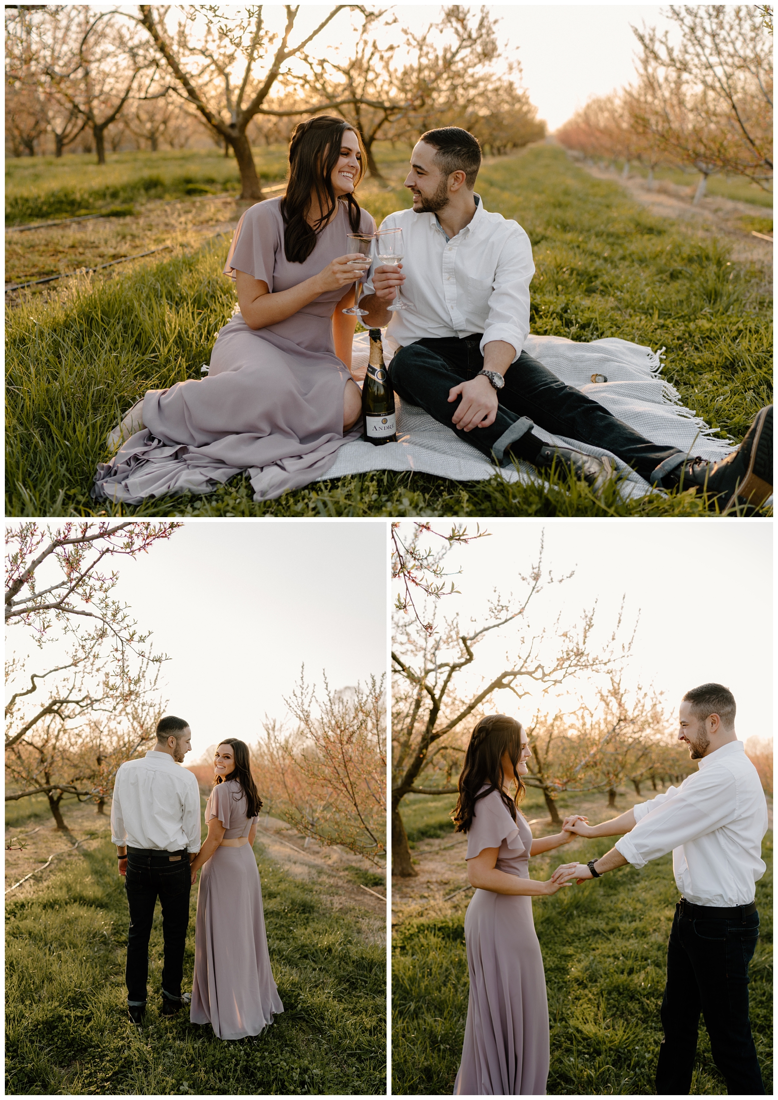 Picnic in a cherry blossoms field for their engagement session by North Carolina photographer