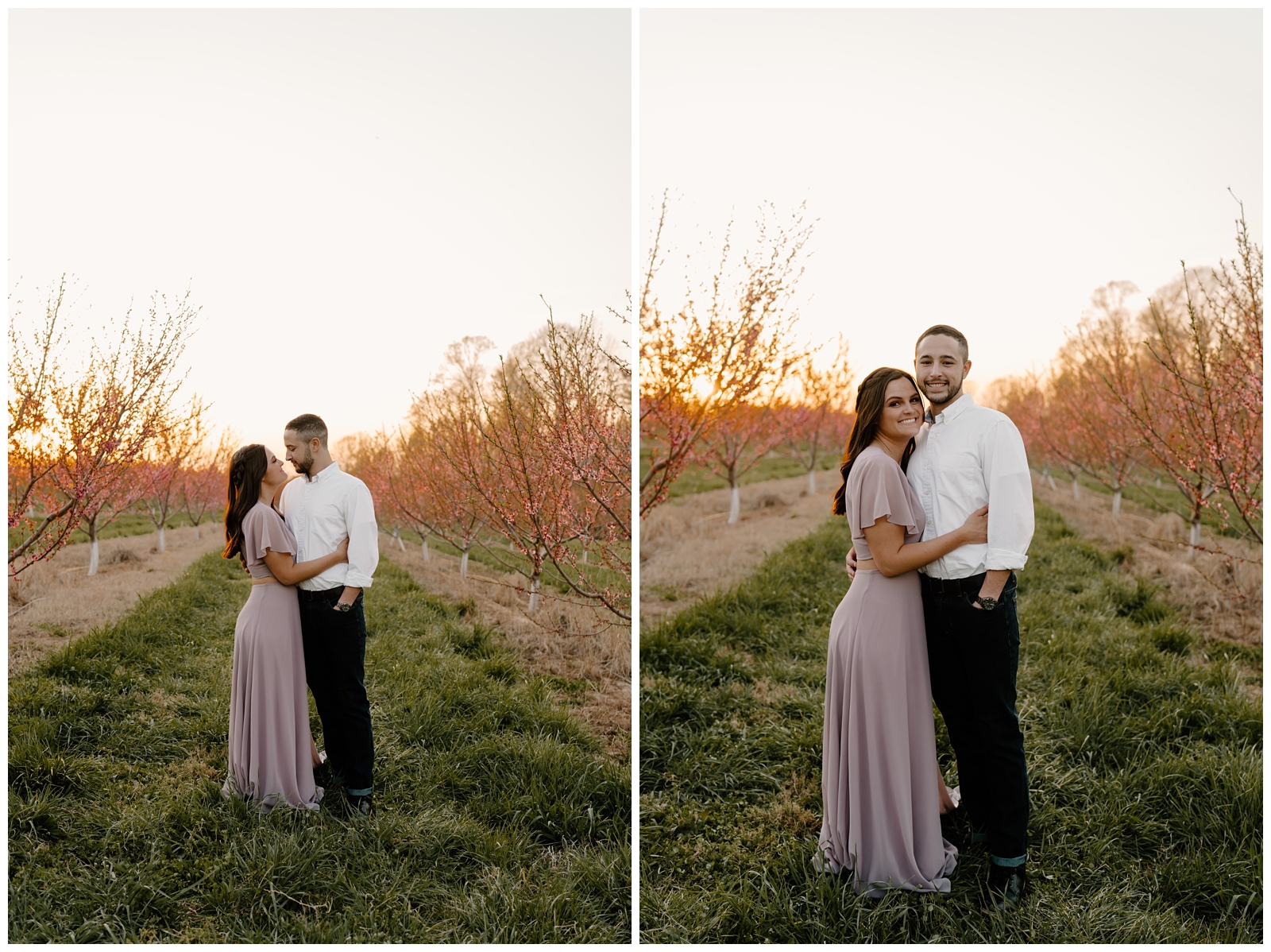 Romantic spring sunset engagement photos with cherry blossoms by NC wedding & elopement photographer