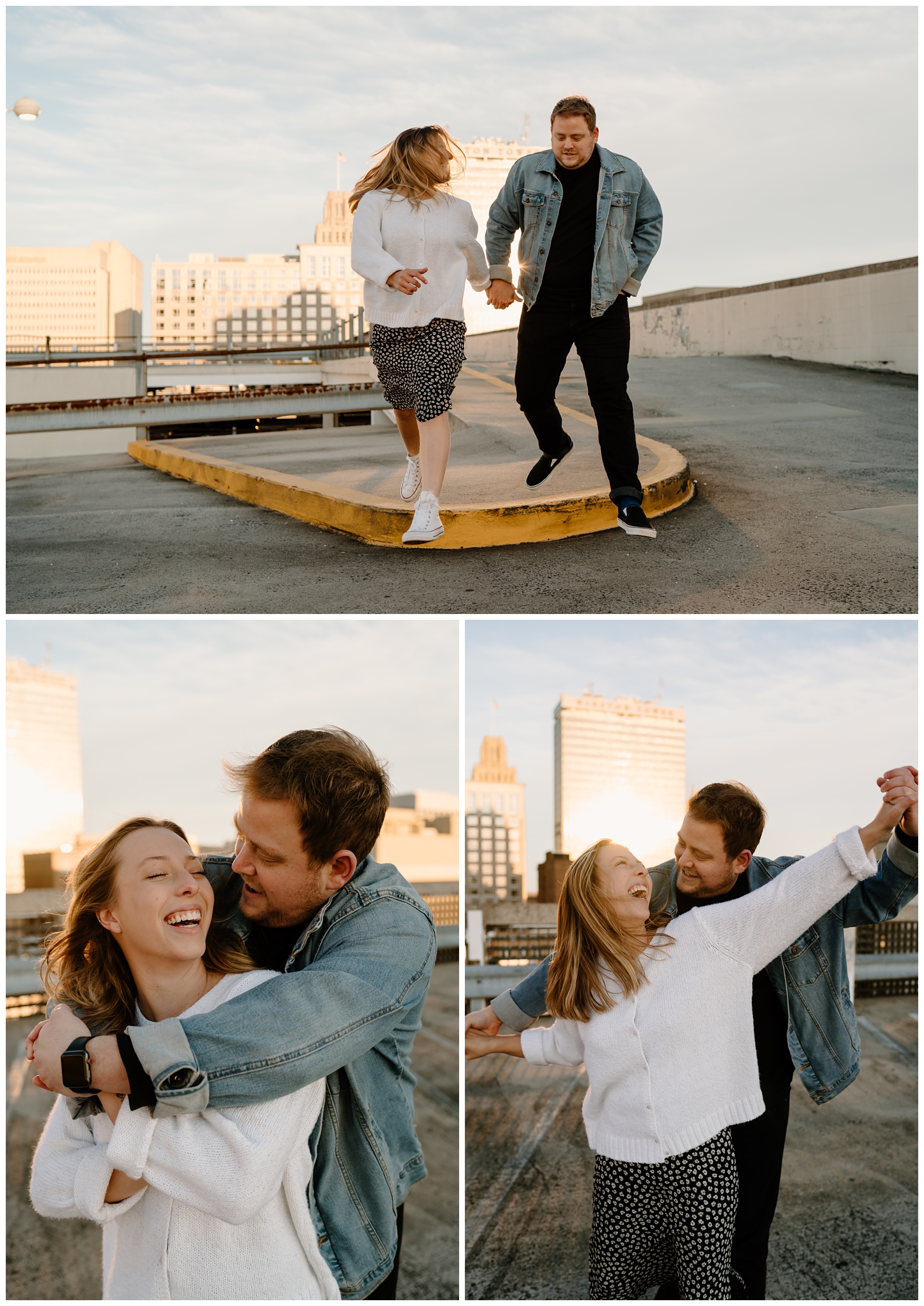 Couple having fun with city views at their engagement session in Winston-Salem, NC by adventurous North Carolina wedding photographer