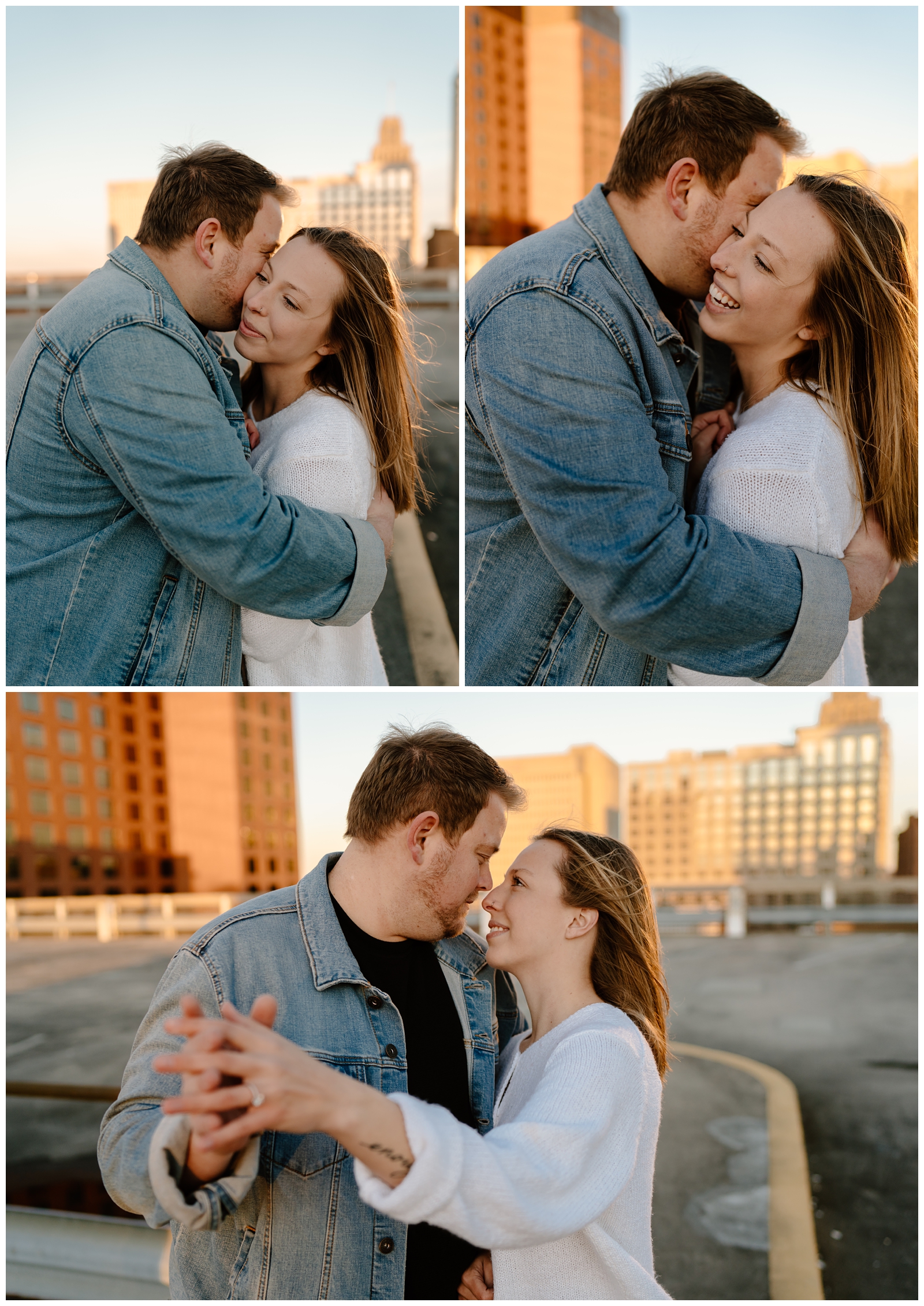 Engagement photos with city views during golden hour. Downtown Winston-Salem, NC