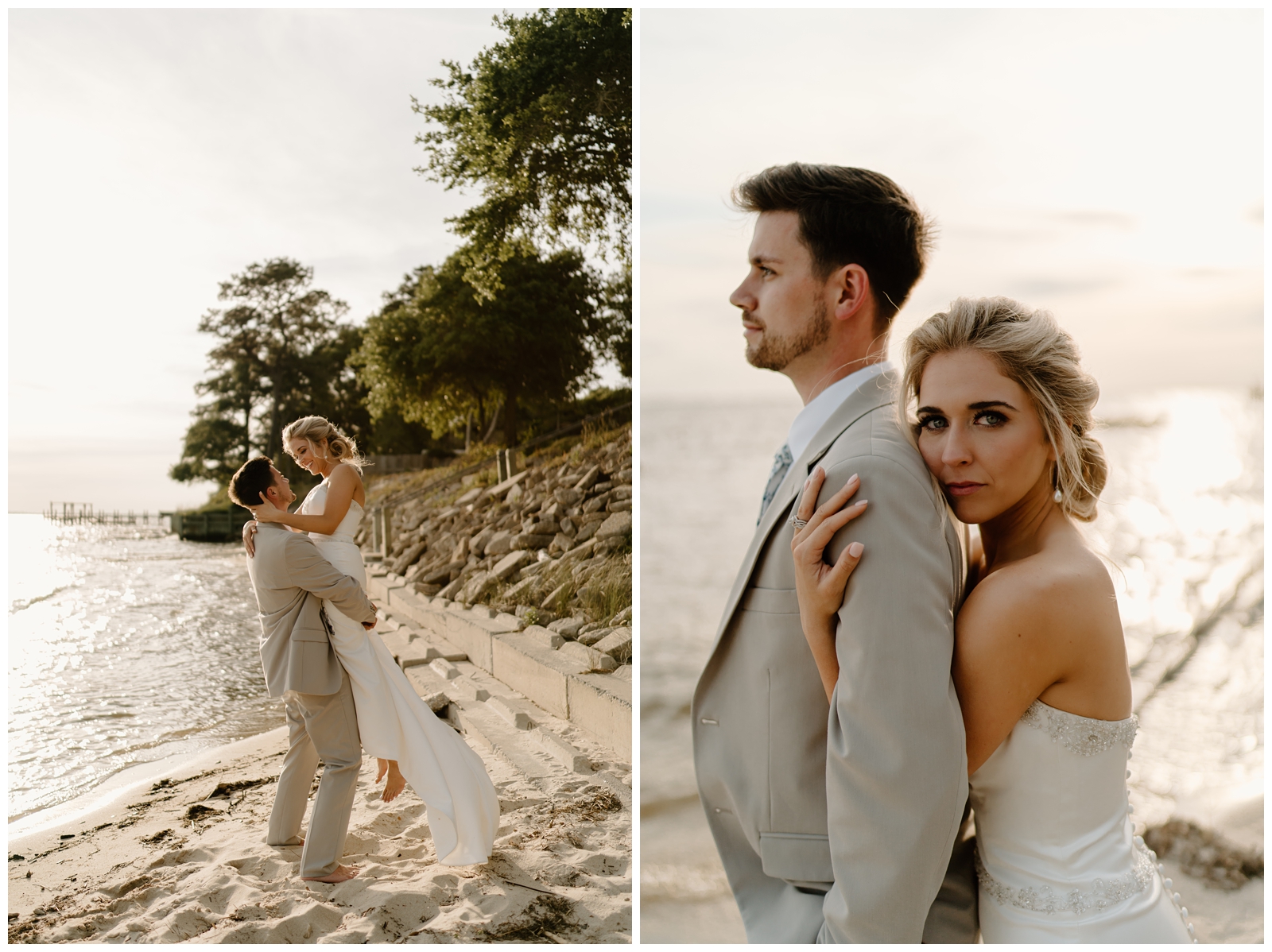 Outer Banks Elopement photos of bride and groom on the beach, by NC travel wedding photographer
