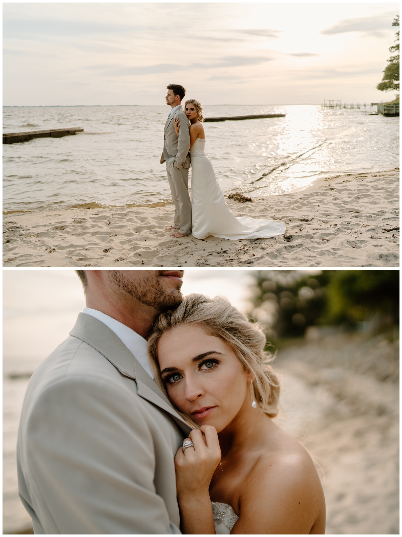 Beach wedding portraits of bride and groom at their Outer Banks elopement on Roanoke Island, by NC destination elopement photographer