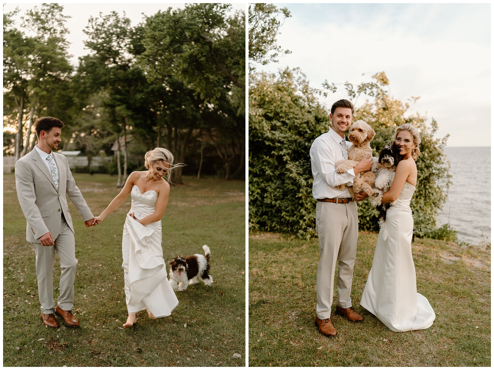 Fun wedding portraits with dogs in the Outer Banks, by NC elopement photographer