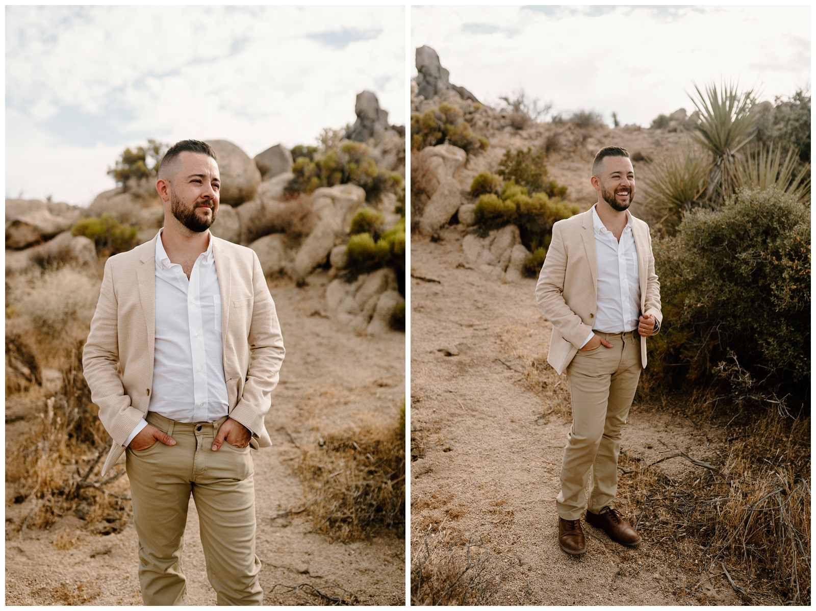 Modern desert inspired groom attire in Joshua Tree, California by travel elopement photographer