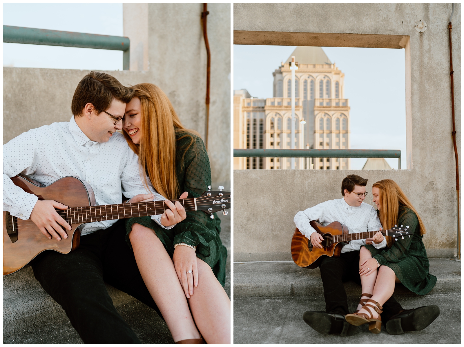Parking garage downtown Greensboro, NC engagement session with guitar by North Carolina wedding and elopement photographer