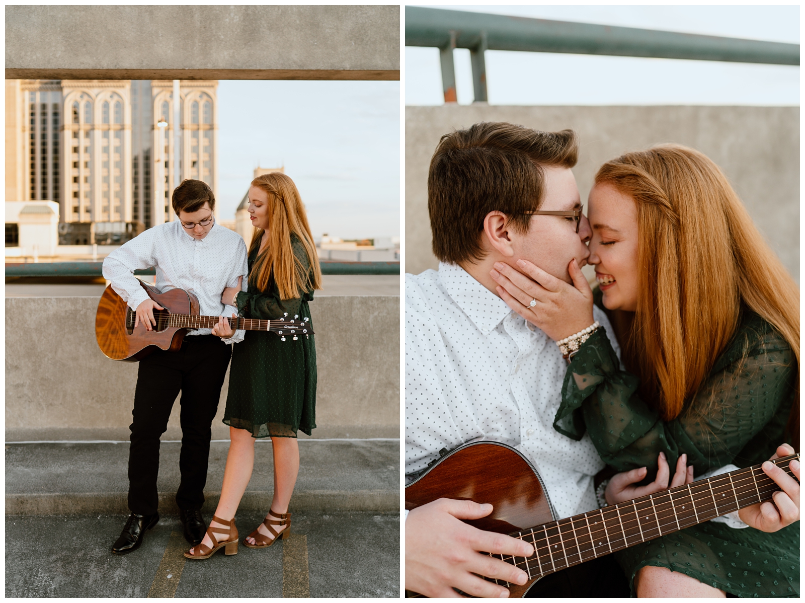 Parking deck Greensboro engagement session with guitar by NC wedding and elopement photographer