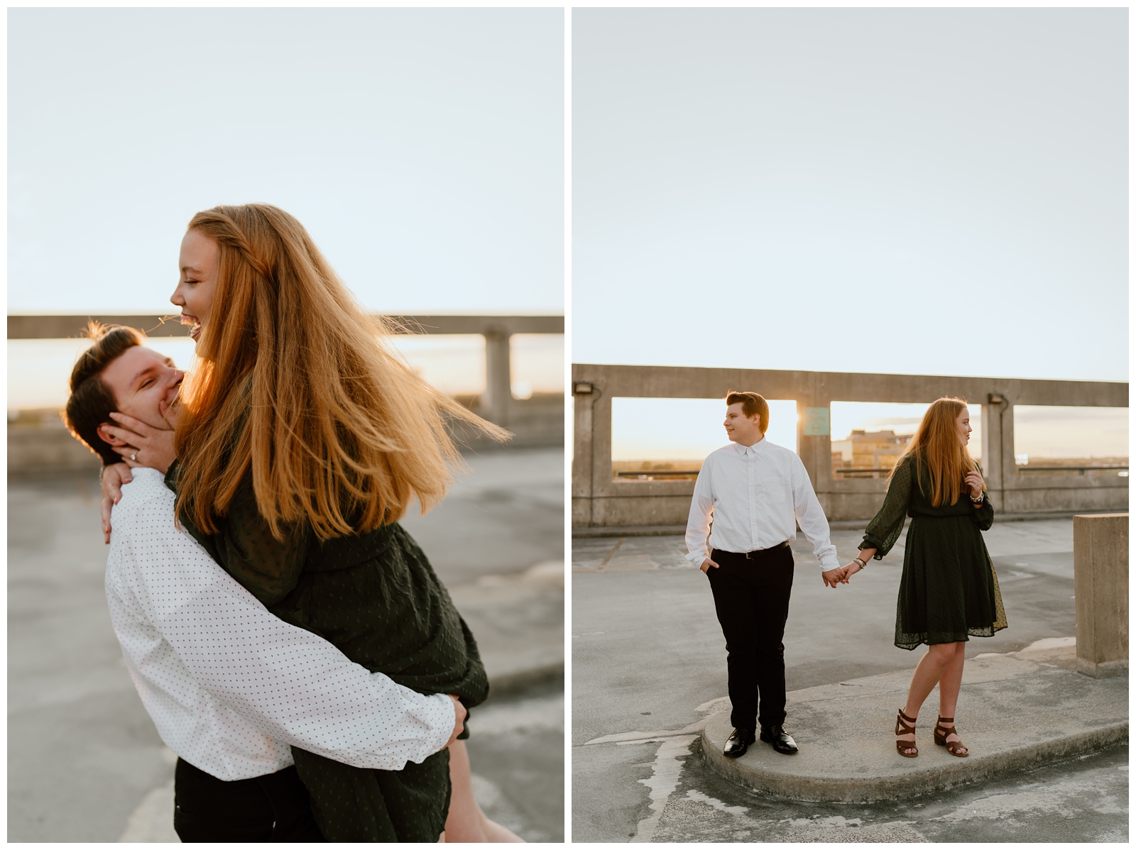 Golden hour light during fun and urban downtown Greensboro NC engagement session by North Carolina wedding and elopement photographer