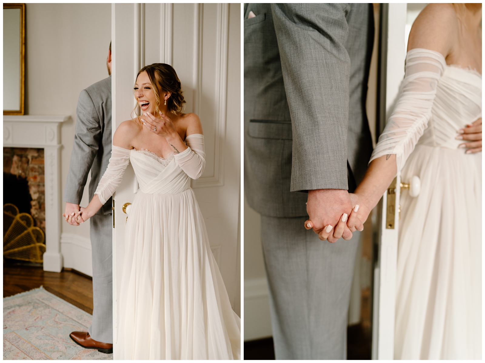Bride and groom wedding couple's first touch, holding hands before the ceremony at the McAlister-Leftwich Hosue by Raleigh and Charlotte NC wedding photographer